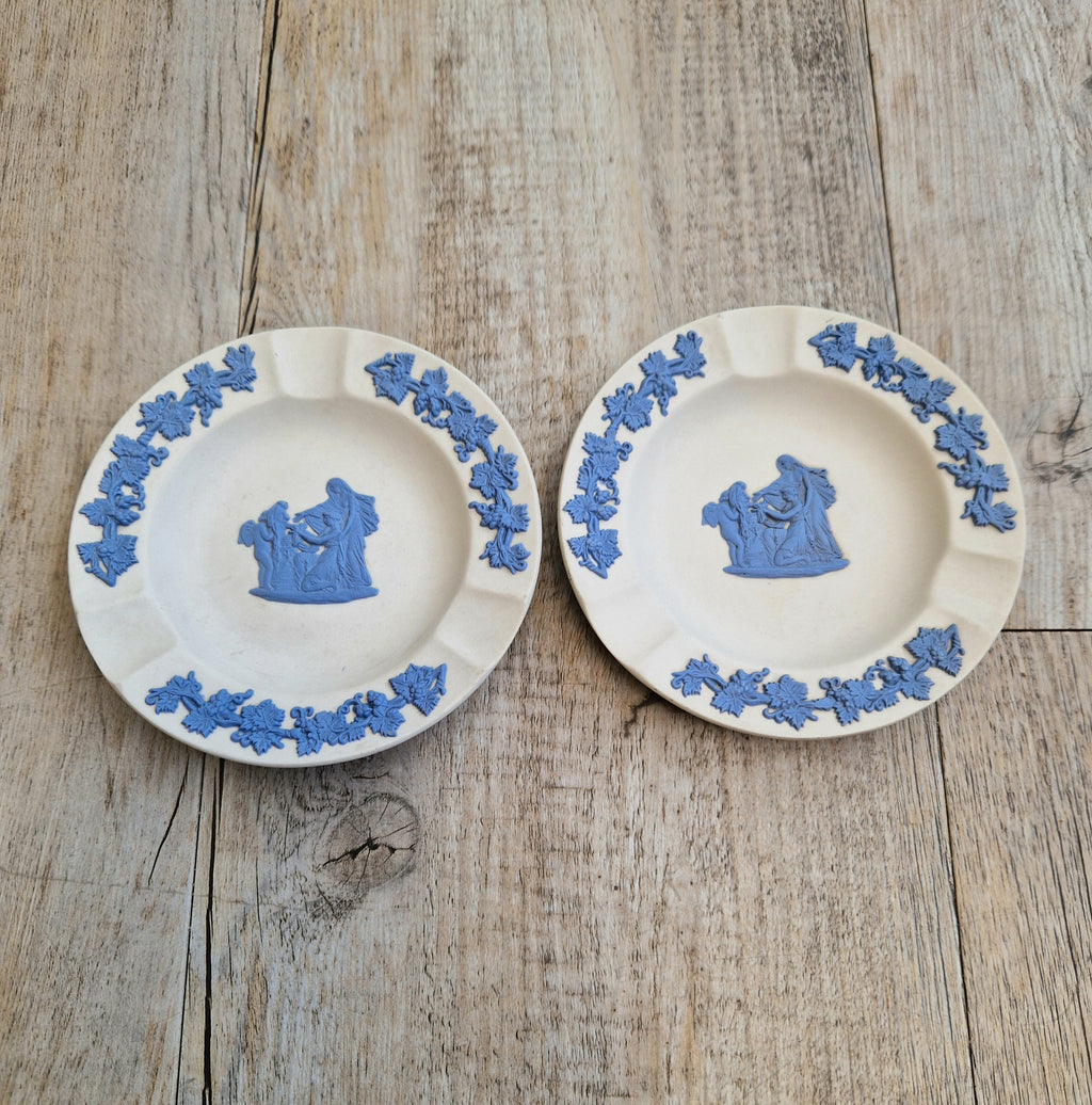 Pair Wedgwood Reverse Blue on White Jasperware Neo-Classical Pin Tray Ashtrays Vintage
