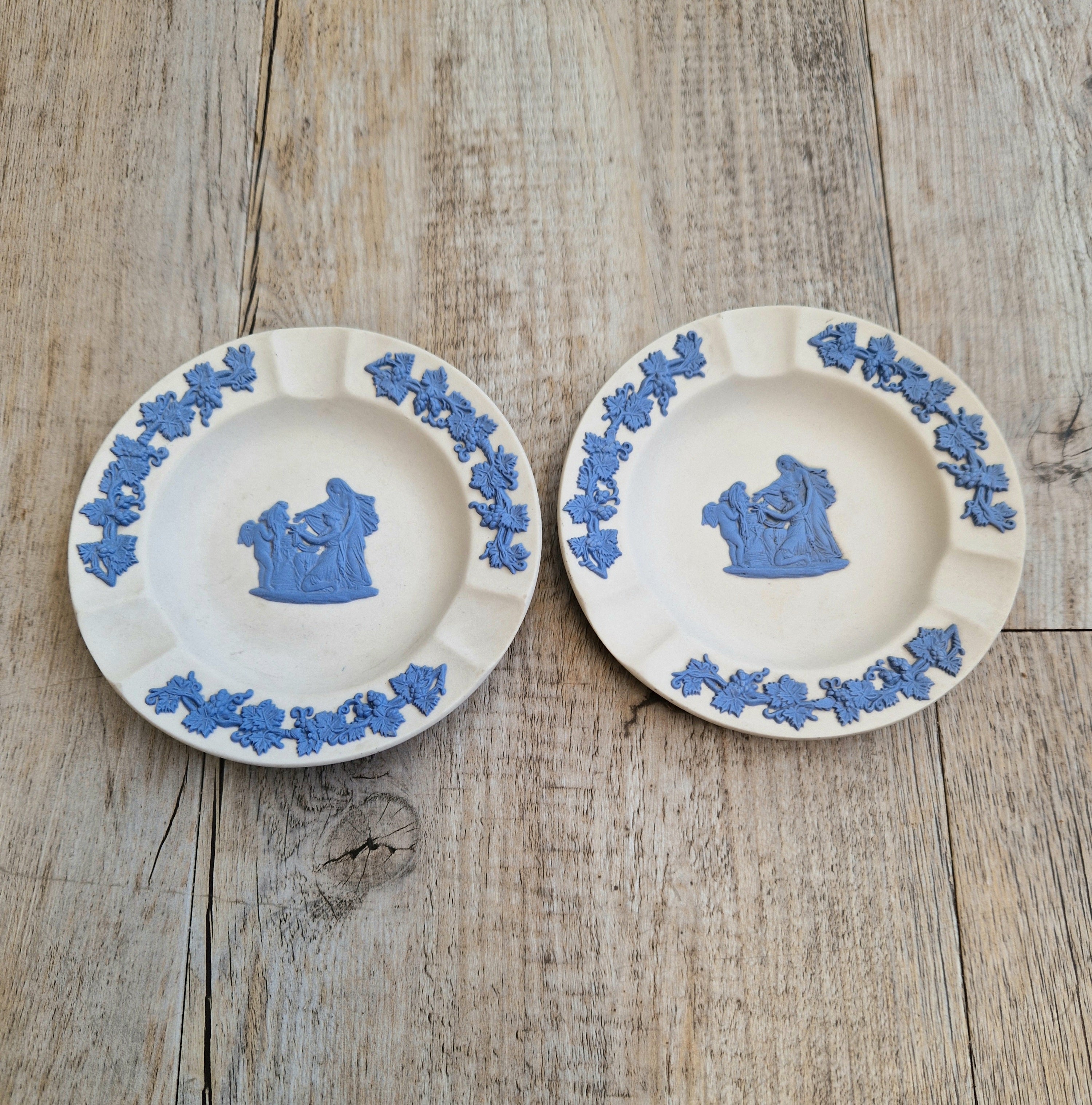 Pair Wedgwood Reverse Blue on White Jasperware Neo-Classical Pin Tray Ashtrays Vintage