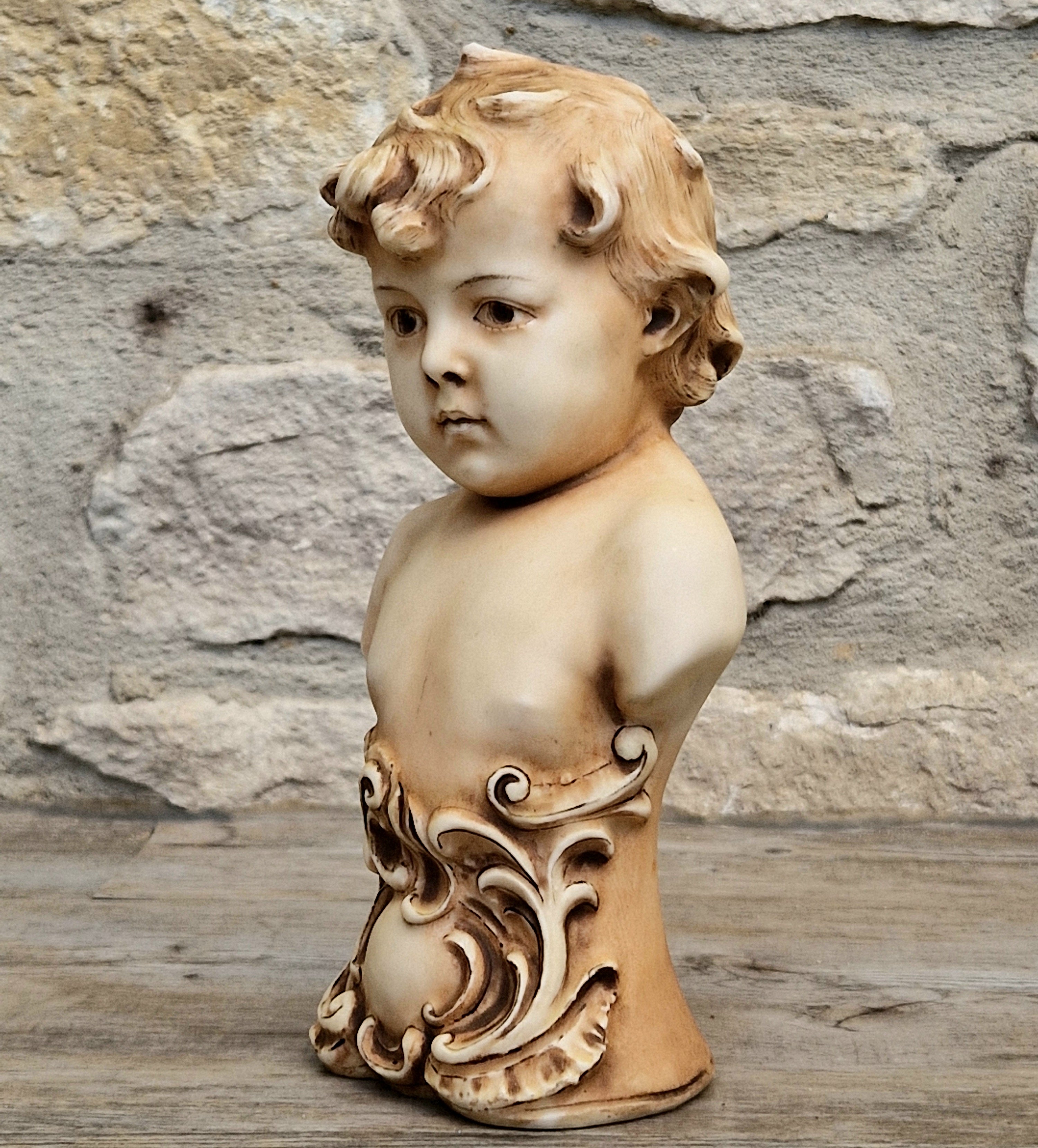 Antique NeoClassical Continental Patinated Bisque Porcelain Putti Boy Bust Figure Ornament