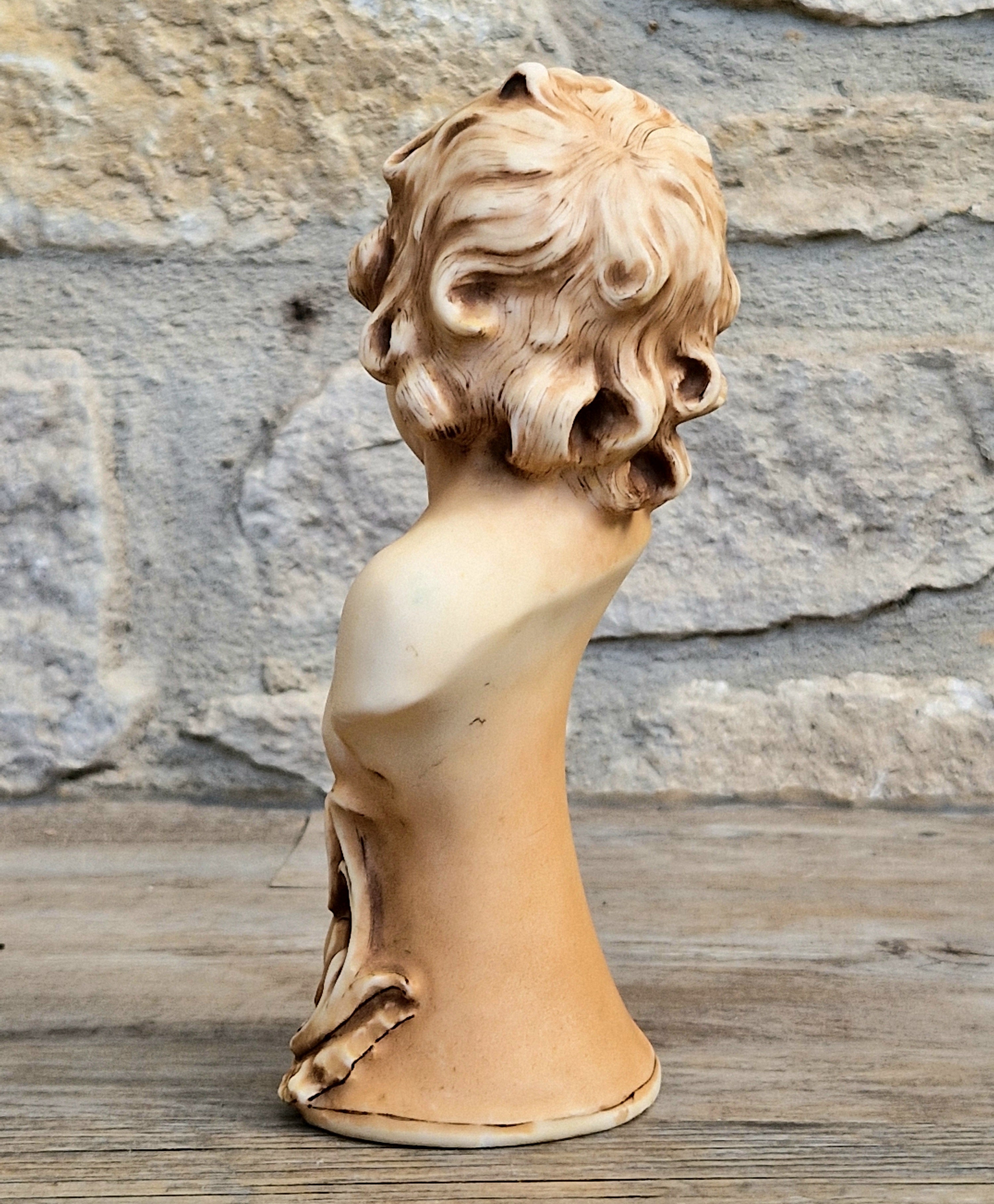 Antique NeoClassical Continental Patinated Bisque Porcelain Putti Child Bust Figure Ornament