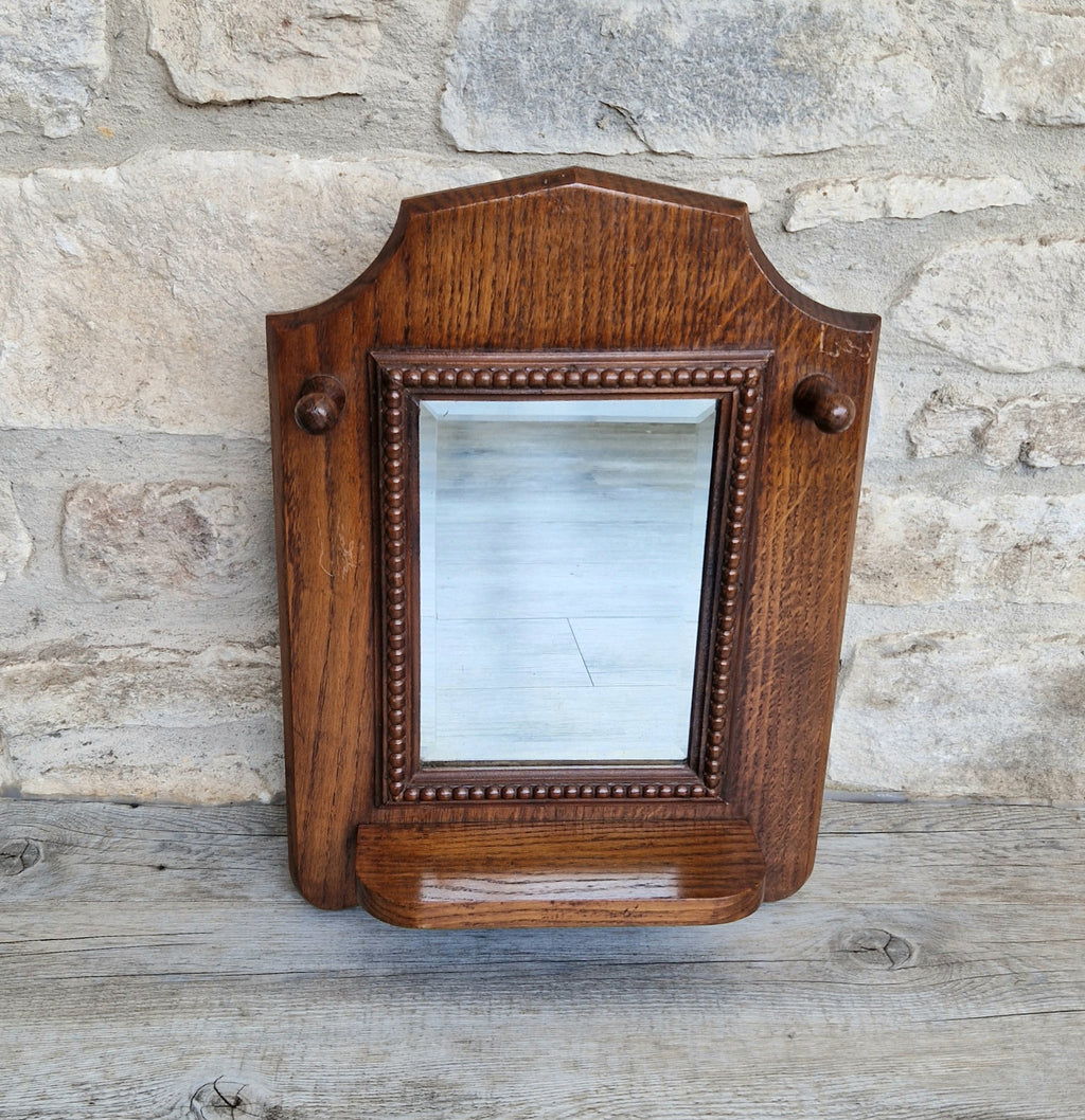 English Oak Arts & Crafts Wall Mirror Bevelled And Beaded Antique Mirror With Shelf And Hooks