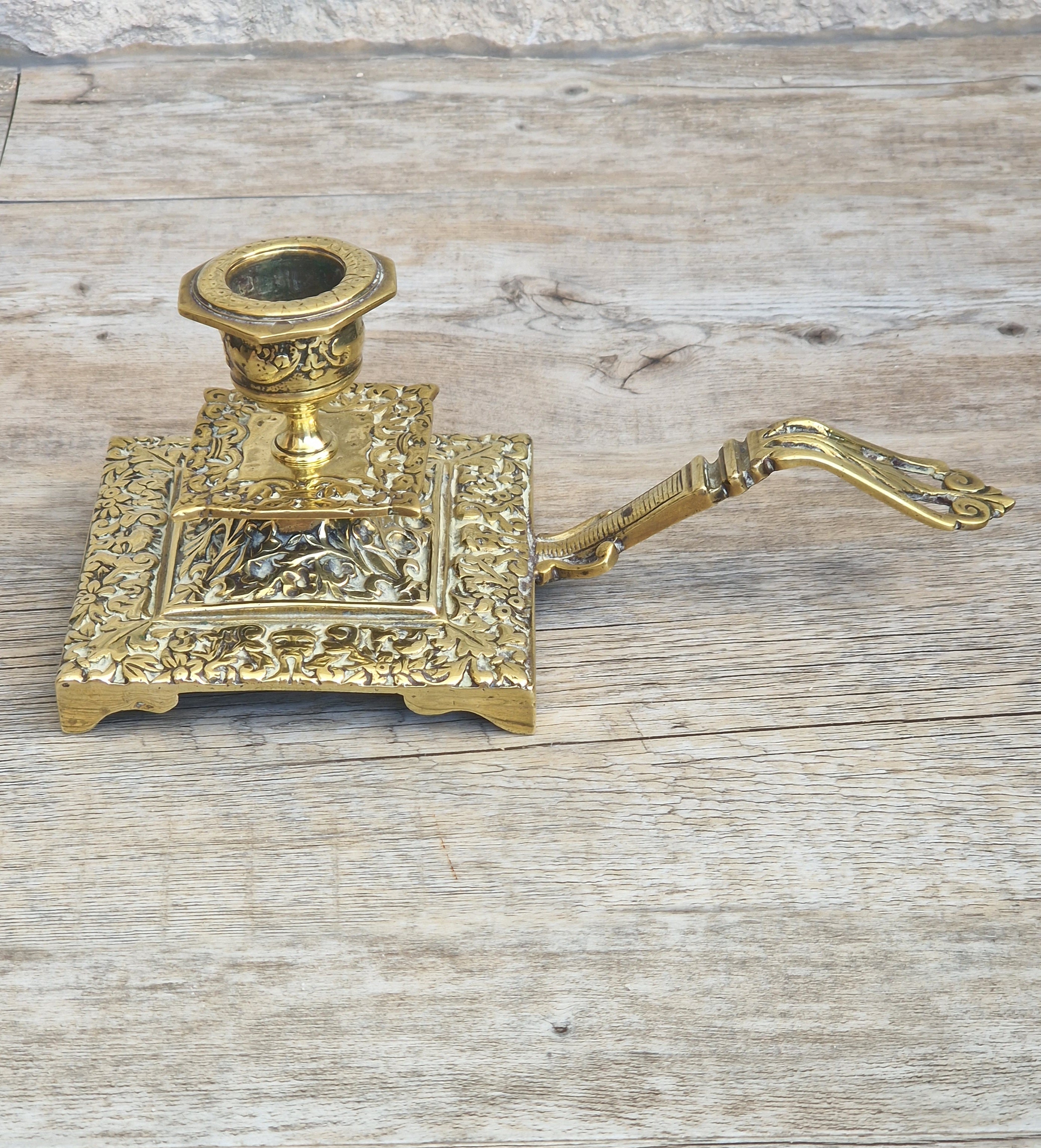 Fine French Antique Rococo Solid Brass Square Tiered Footed Chamberstick