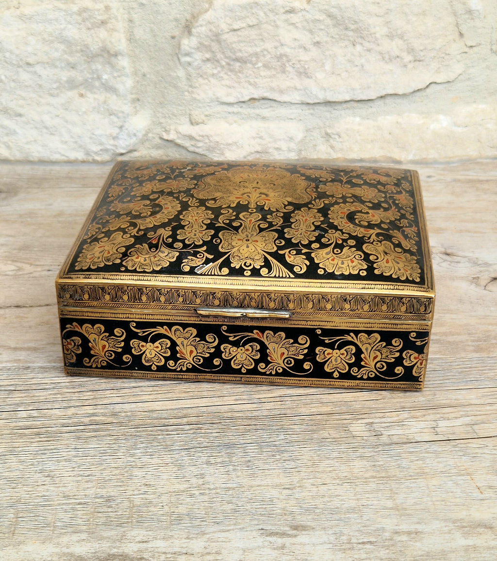 Vintage Brass Black Enamelled Large Ornate Teak-Lined Desk Cigar Box