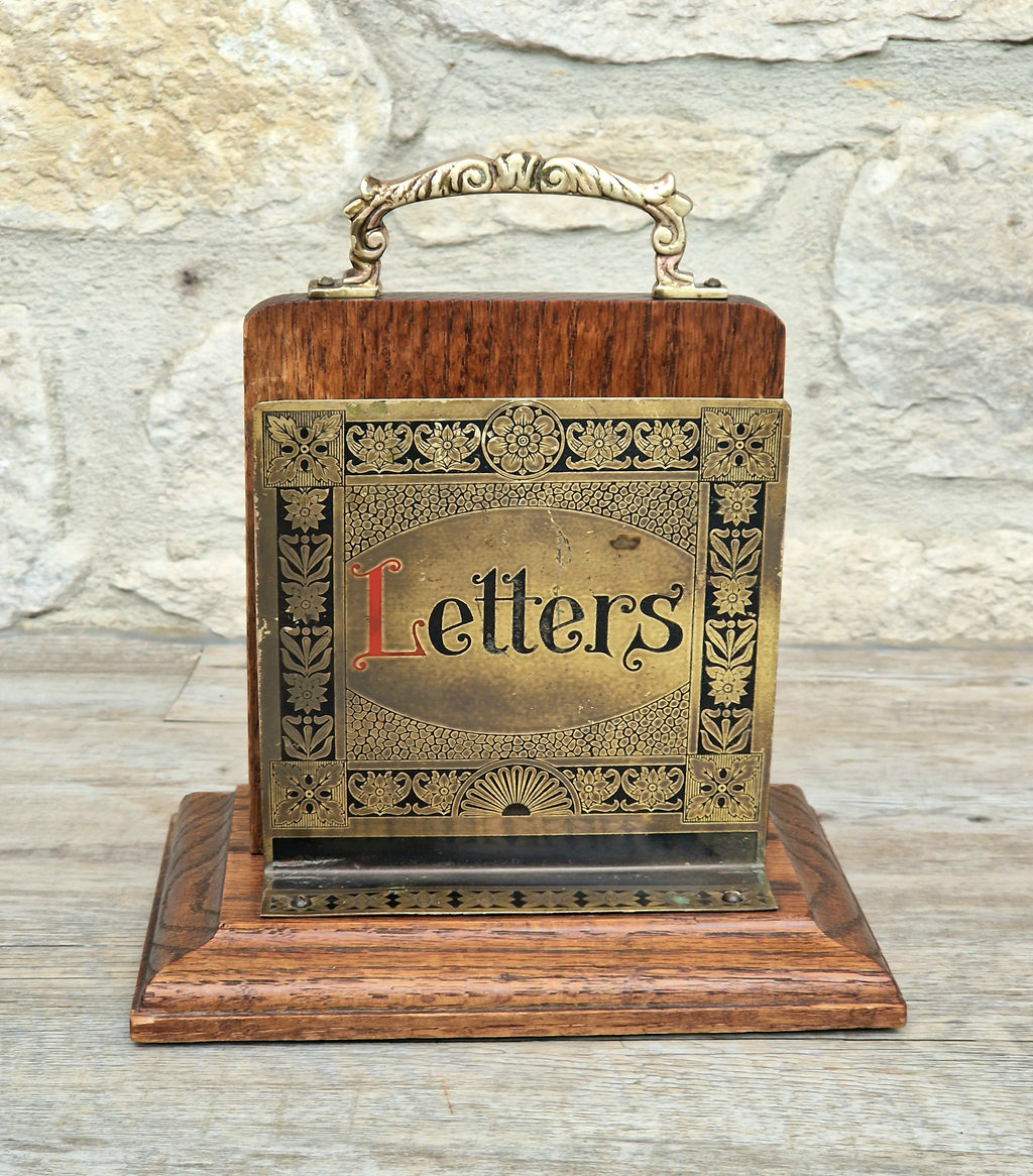 Antique Arts & Crafts Brass And Quarter Sawn Oak Gentleman's Handled Double Letter Rack Stand