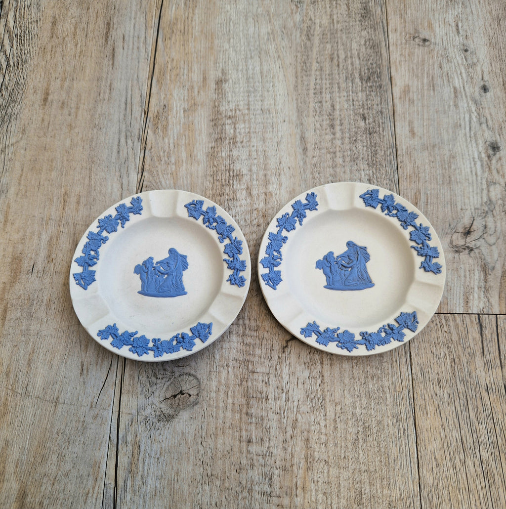 Pair Wedgwood Reverse Blue on White Jasperware Neo-Classical Pin Tray Ashtrays Vintage
