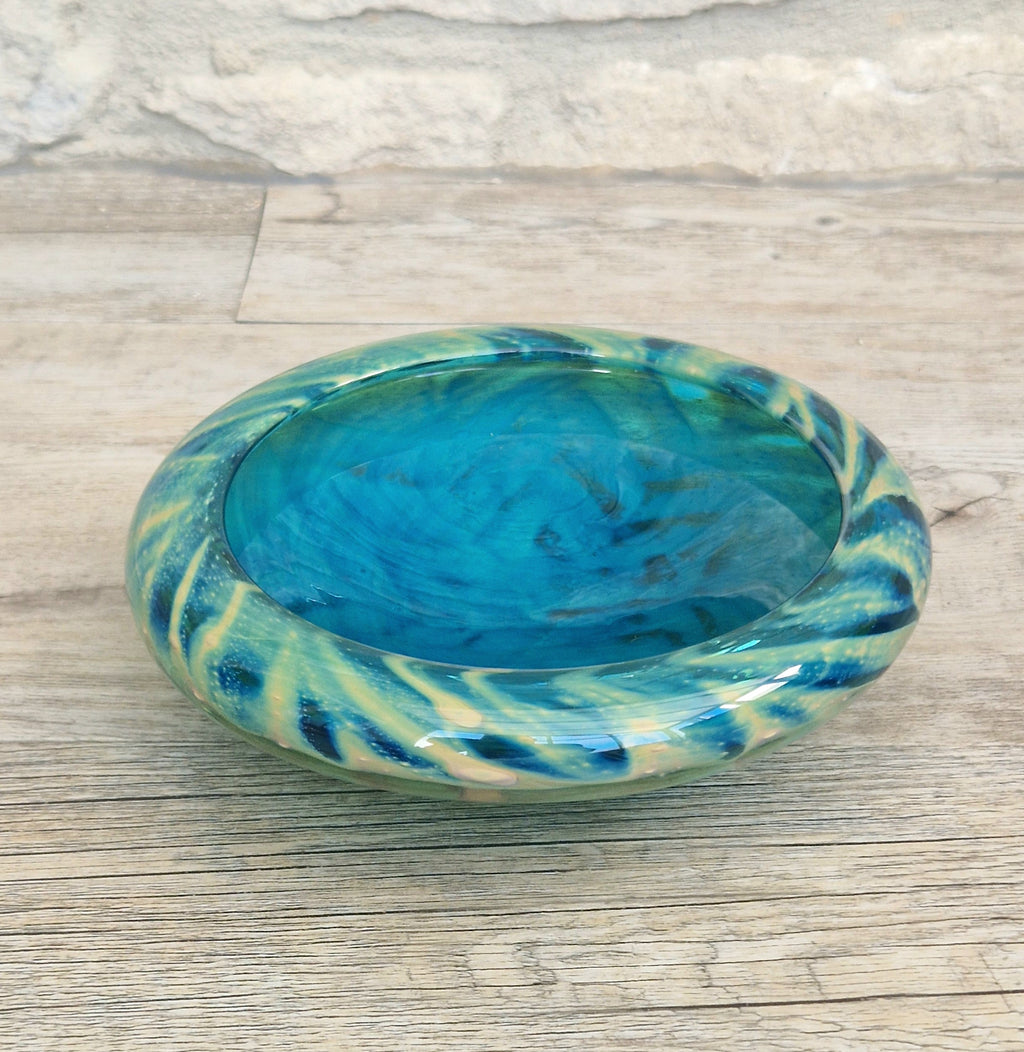 Mdina Glass Green Whirlpool Bowl Vintage 1970s Michael Harris Art Glass Malta