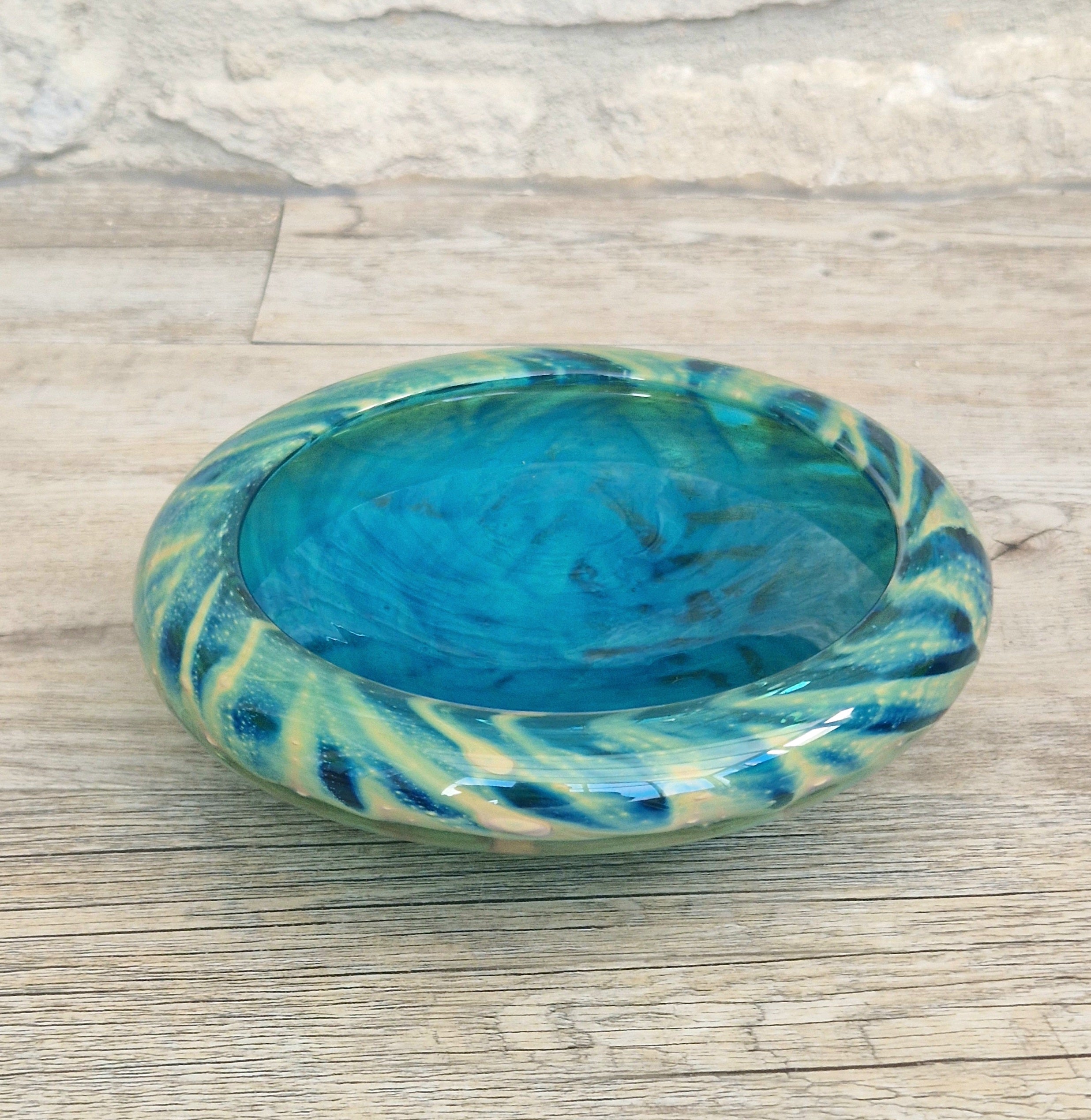 Mdina Glass Green Whirlpool Bowl Vintage 1970s Michael Harris Art Glass Malta