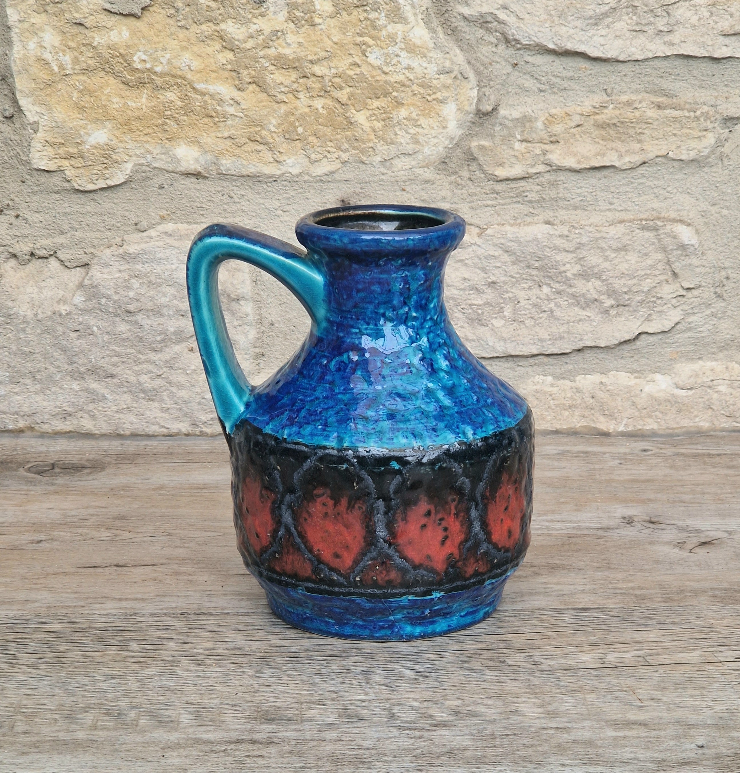 Bay Keramik West German Fat Lava Pottery Jug Vase Mid-Century Bright Blue Vintage