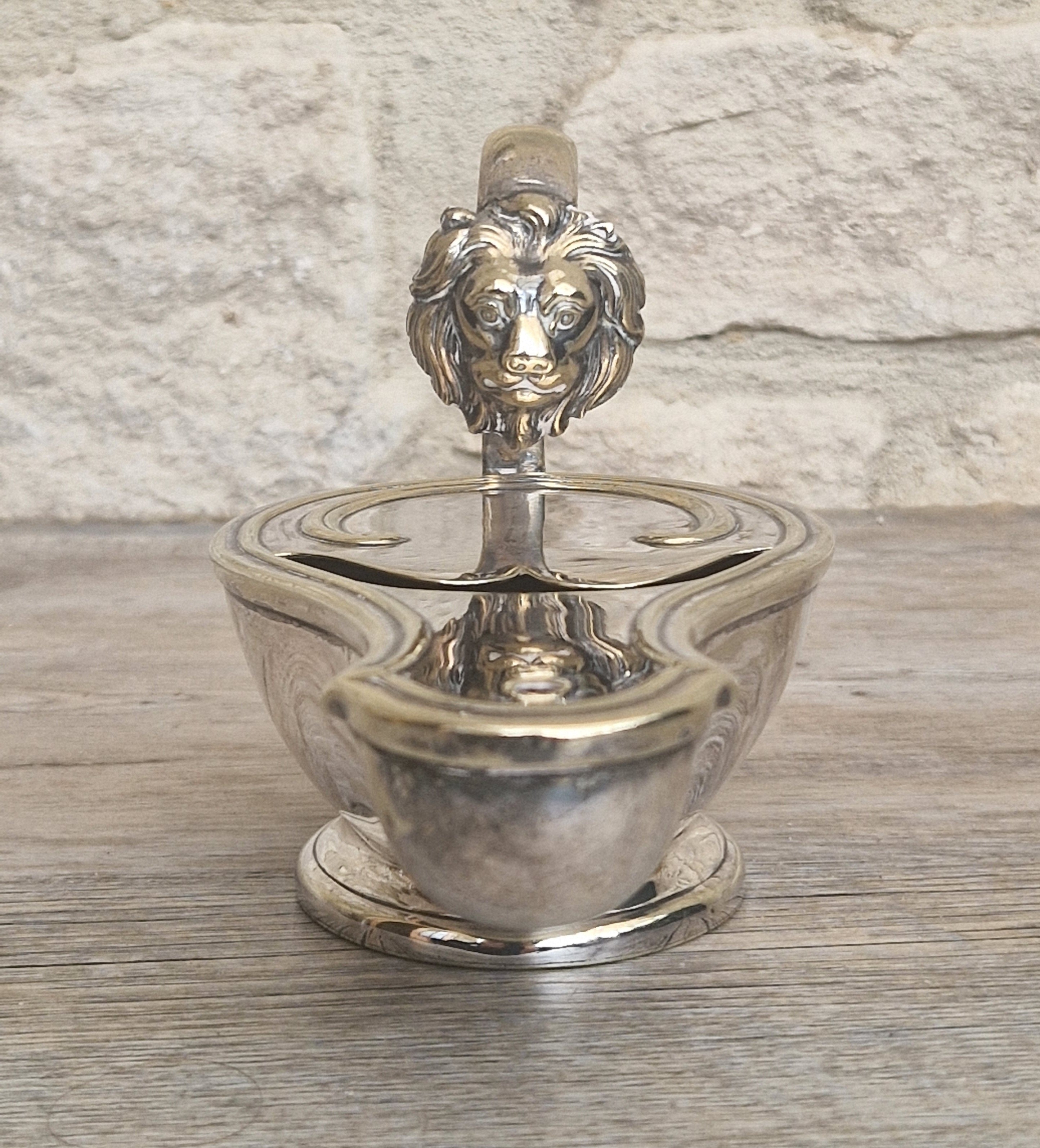Antique Victorian Silver Plated Spoon Warmer Brass Oil Lamp Style Lion Mask Handle