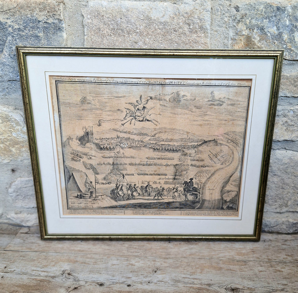 1742 Prague Siege Antique Copperplate Engraving John Bickham Military Battle Map Satire Print Framed