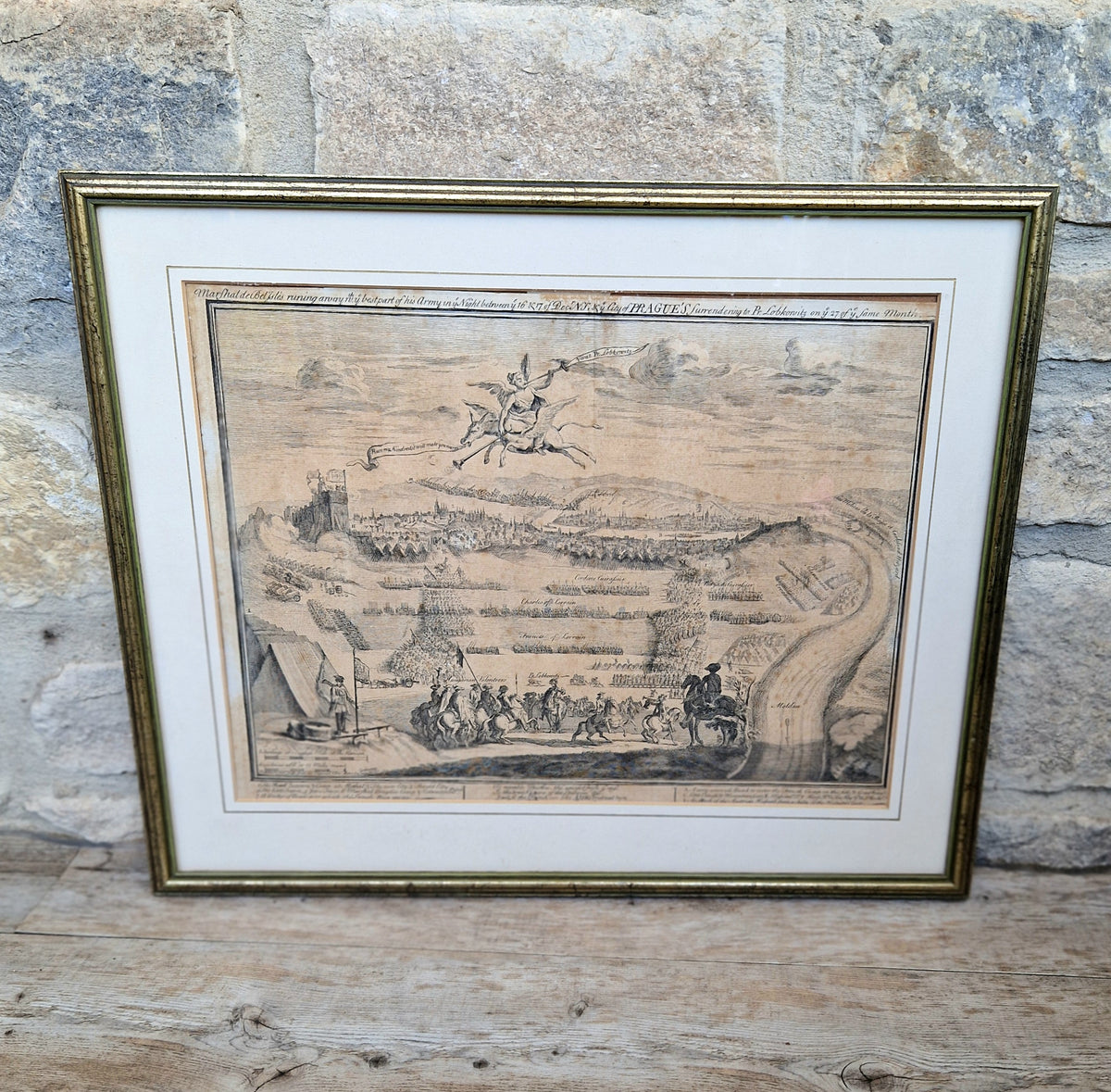 1742 Prague Siege Antique Copperplate Engraving John Bickham Military Battle Map Satire Print Framed