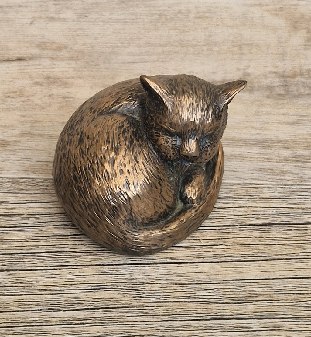 Cat Cold Cast Bronze Resin Curled Licking Figure Vintage Ornament