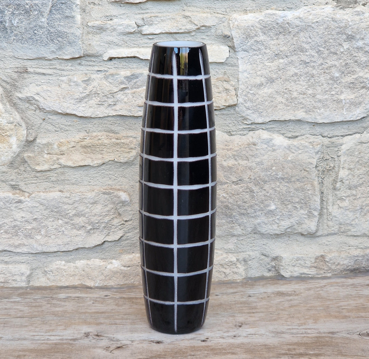 Mid-Century Modern Black & White Cased Cameo Art Glass Tall Geometric Grid Vase