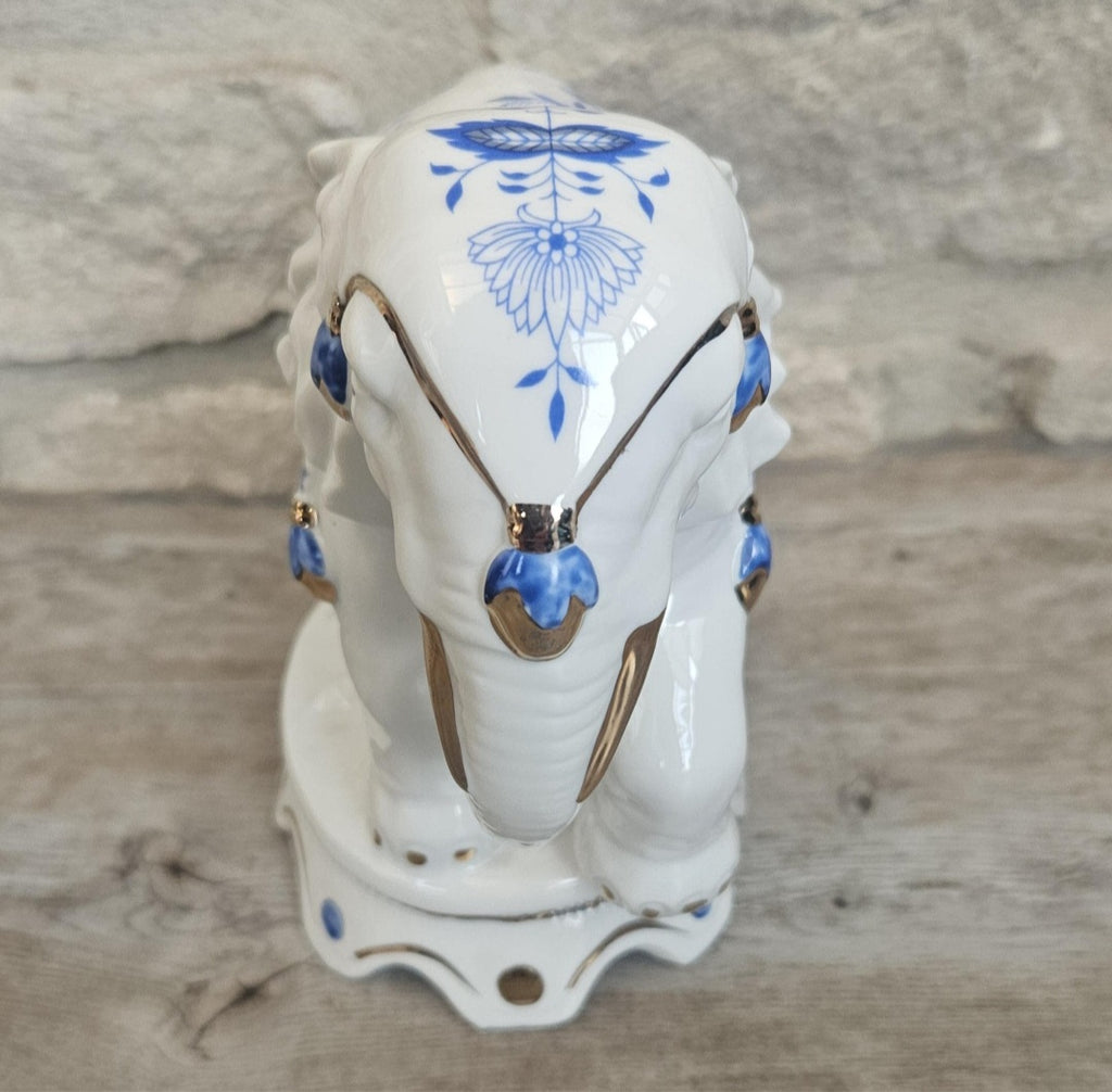 Vintage Elephant Figurine Porcelain Gold Accents Blue & White Floral Pattern Ceramic 7" Tall