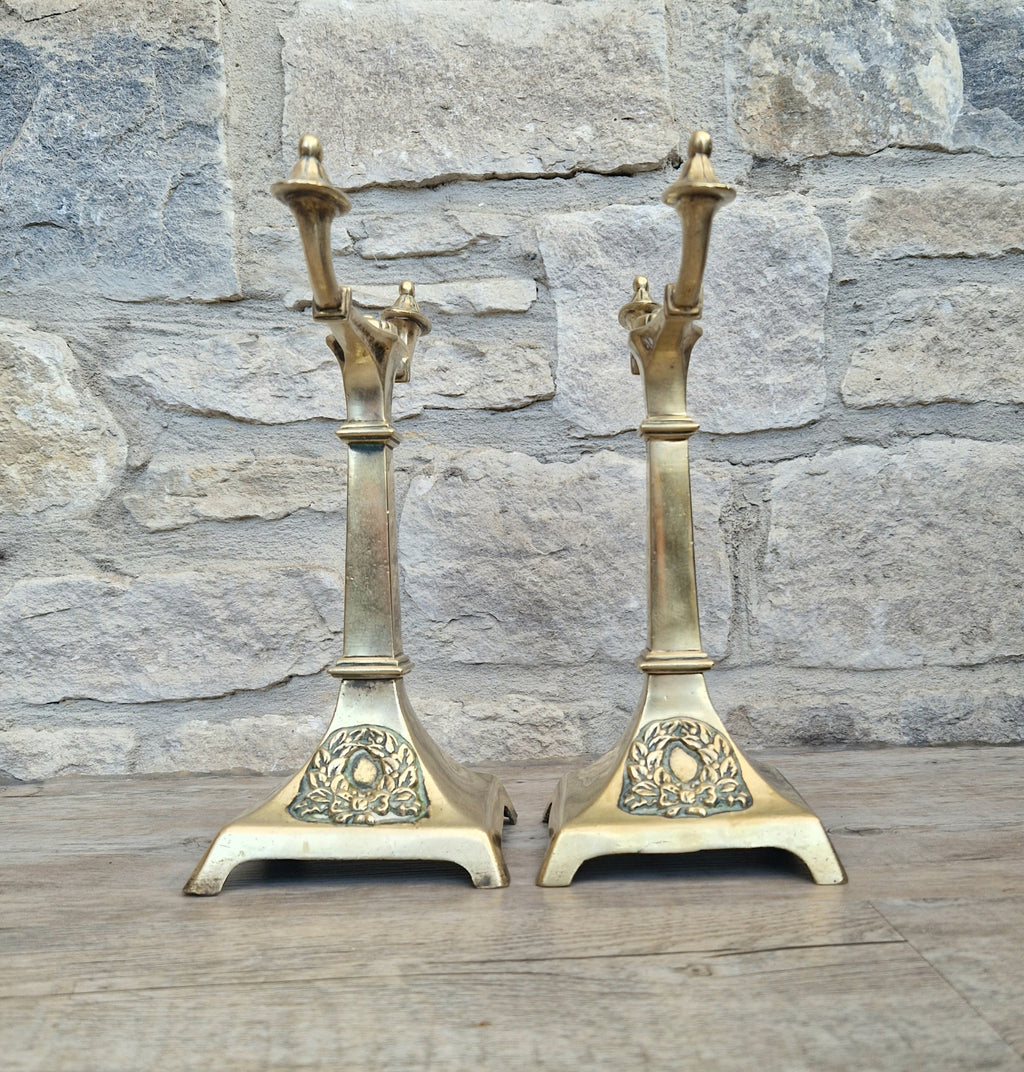 Louis XVI Revival Cast Brass Andirons Fire Dogs Wreath Relief Decoration Pair (c.1870–1900)