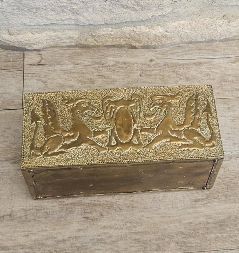 Arts and Crafts Letter Holder Brass and Wood Celtic Dragons England