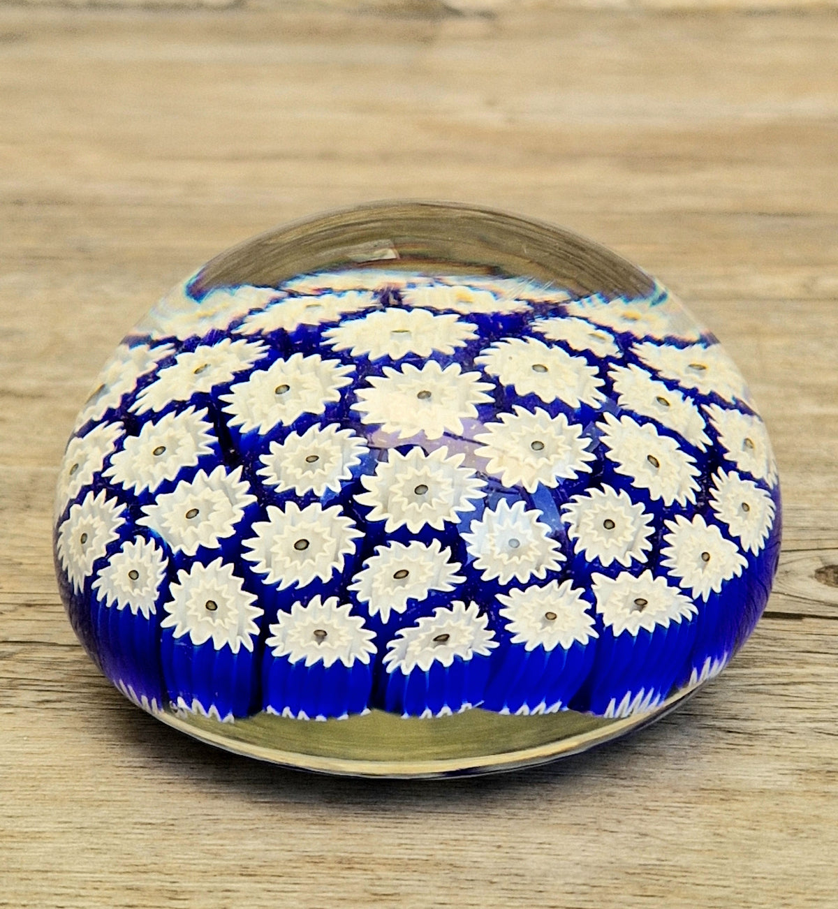 ALT Studio Murano Glass Deep Blue & White Star Flower Millifiore Paperweight