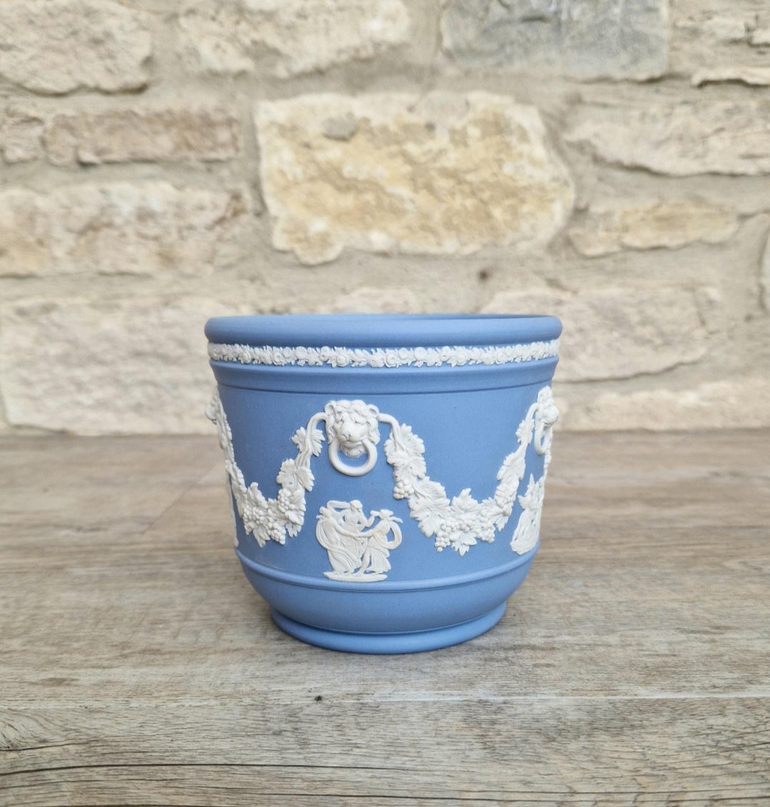 Wedgwood Jasperware Blue & White Neoclassical Sprigged Cachepot Planter Vase