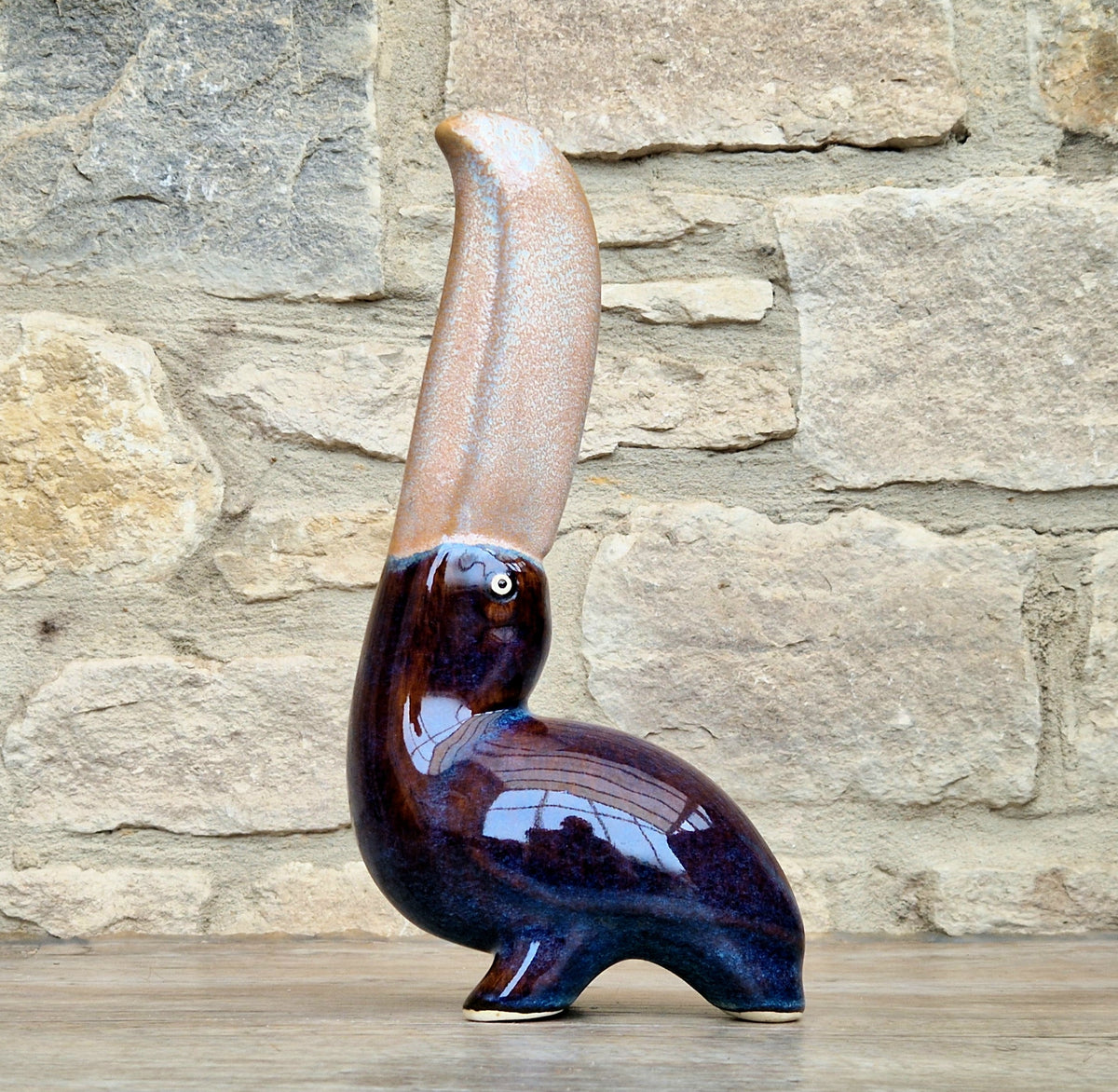 Rare 27cm Vintage Mid Century Ceramic Toucan Sculpture Mottled Treacle Blue Purple Art Pottery Bird