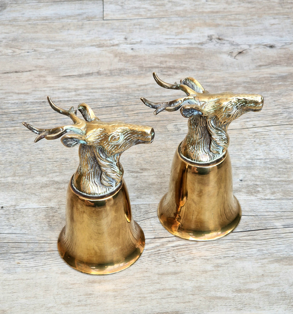 Pair Vintage Brass Stag Stirrup Cups Silver Plated Interiors Naturally Patinated Hunting Barware 1970s