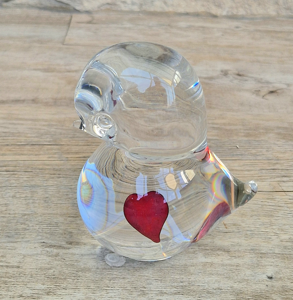 Art Glass Stylised Duckling Shaped Clear Glass With Embedded Red Heart Paperweight Ornament