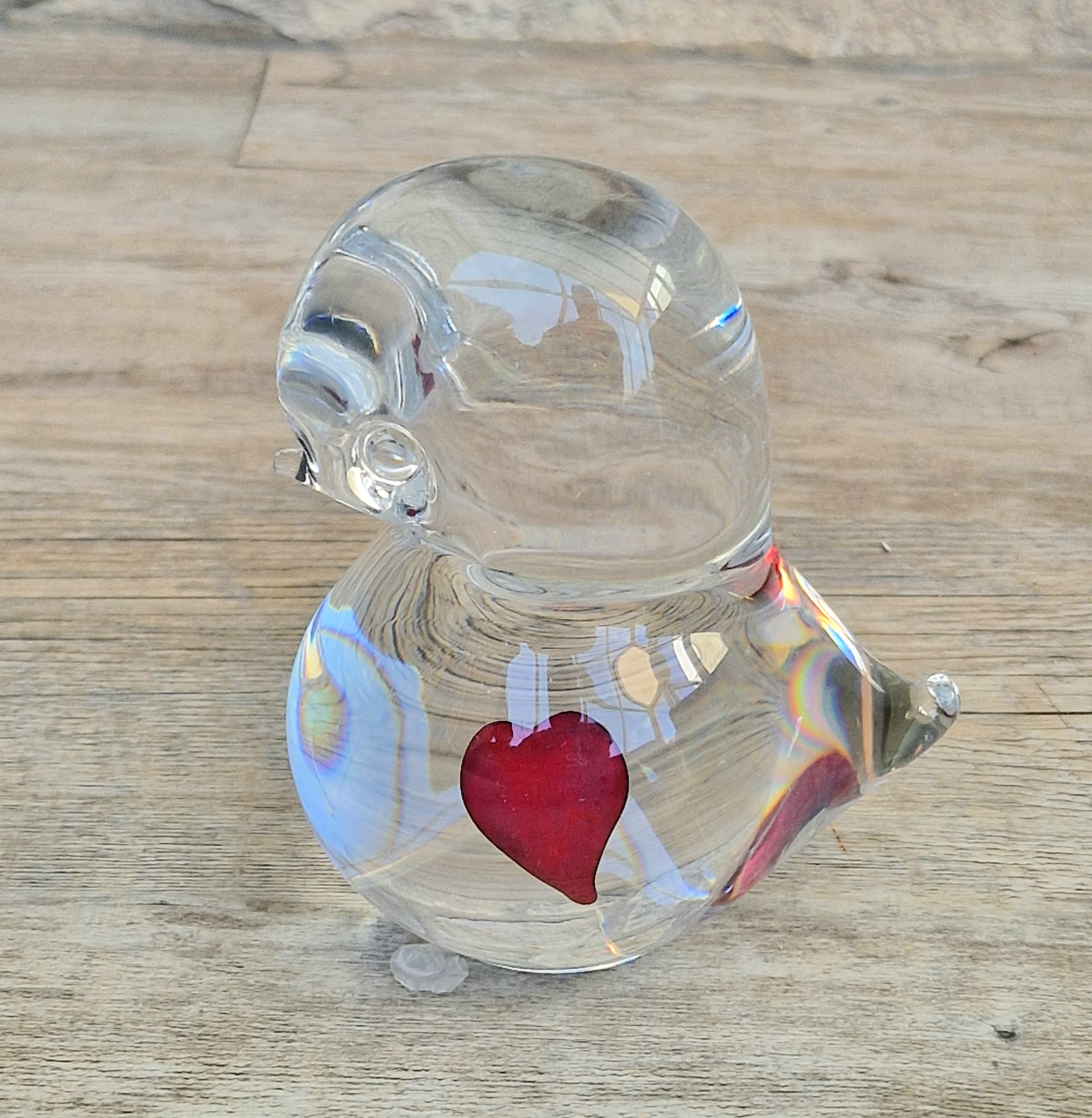 Art Glass Stylised Duckling Shaped Clear Glass With Embedded Red Heart Paperweight Ornament