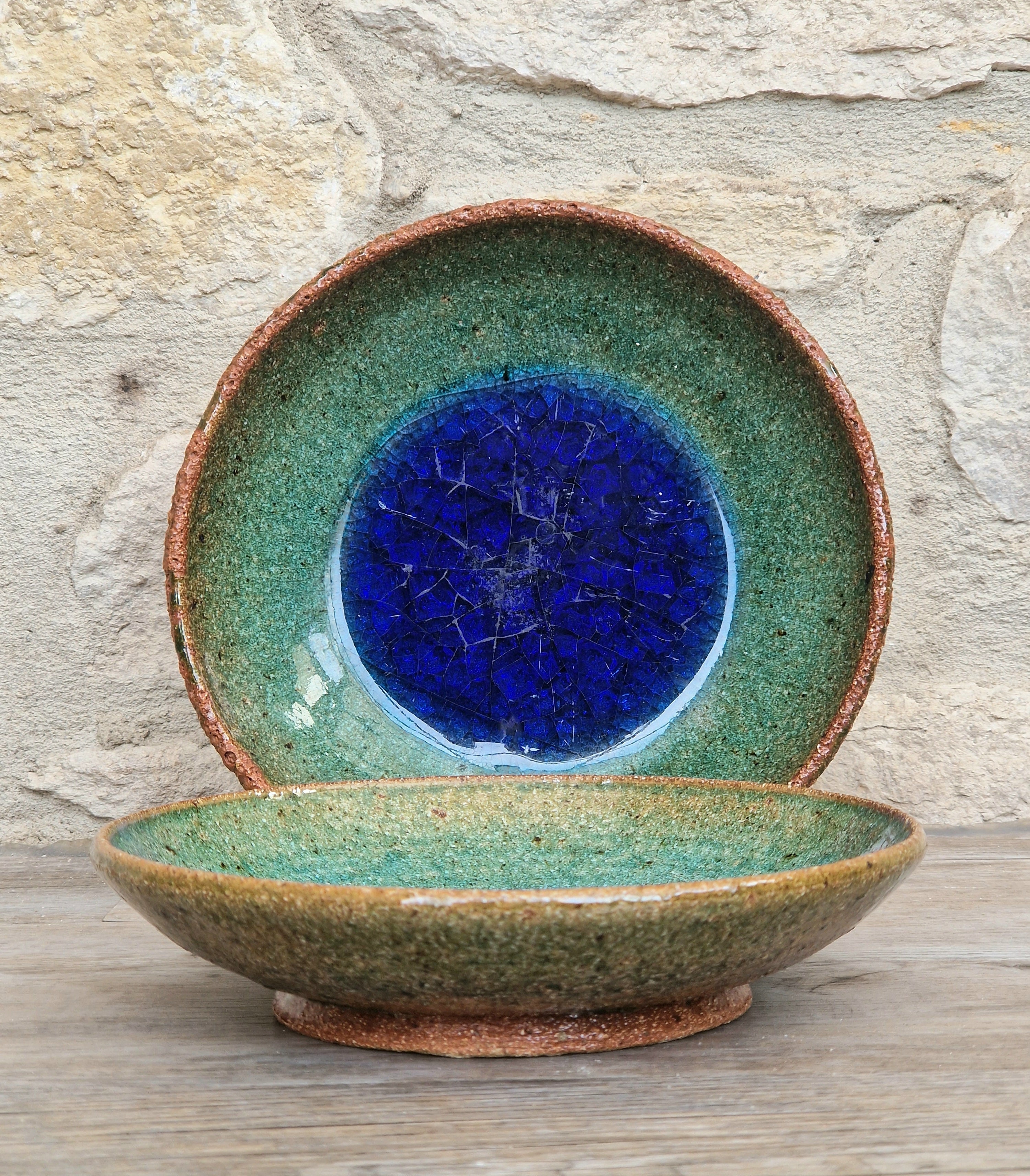 Vintage Studio Art Pottery Alan Hemmings Nested Blue Crackle Glaze Ceramic Bowls