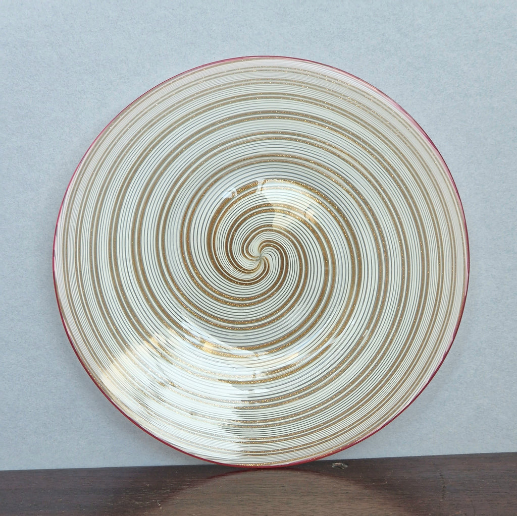 Antique Salviati Murano Glass Plate, Mezza Filigrana, Copper Aventurine, Red Rim, Venetian, c.1860–1872, 17.8cm, Rare Collectable