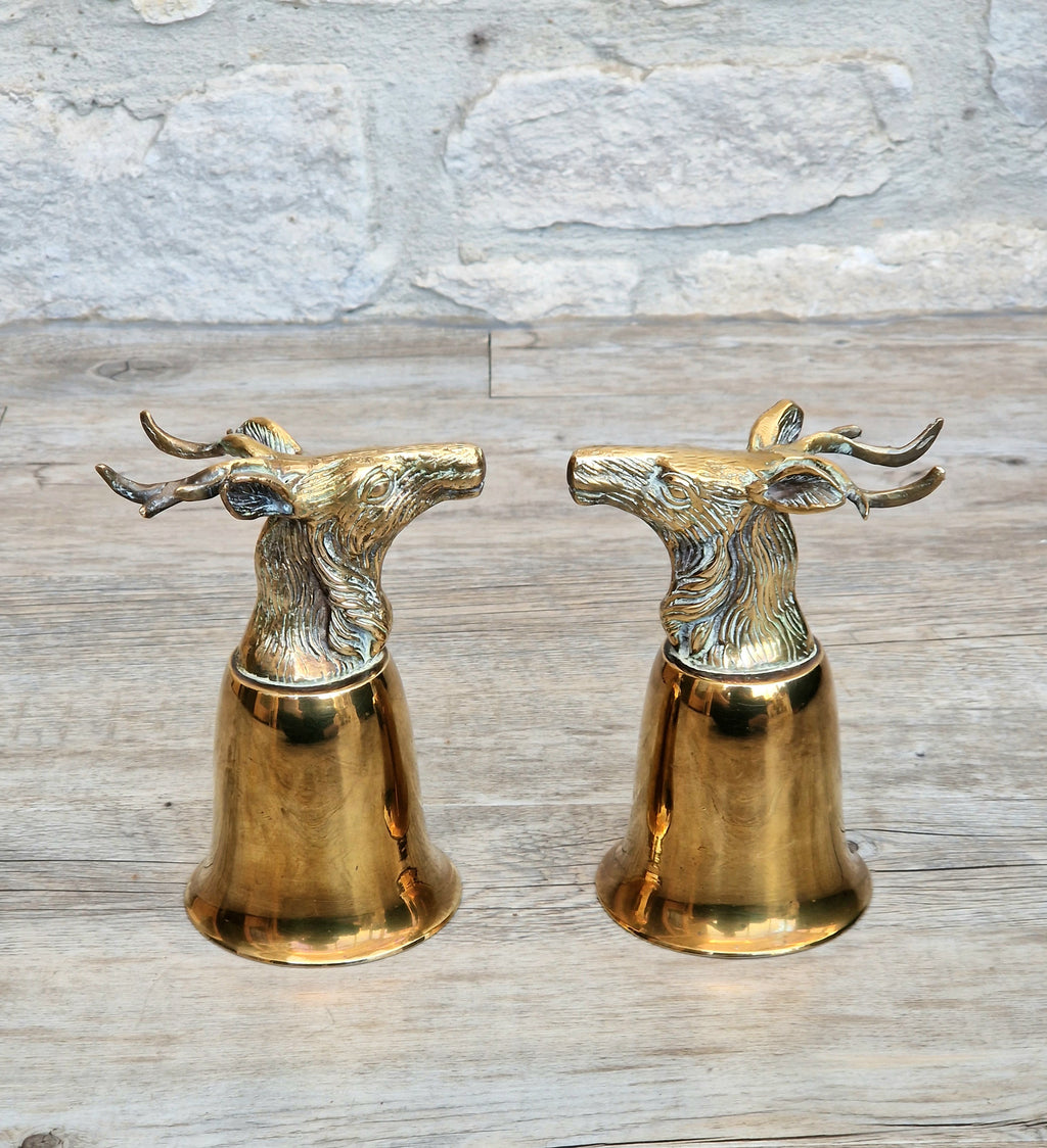 Pair Vintage Brass Stag Stirrup Cups Silver Plated Interiors Naturally Patinated Hunting Barware 1970s