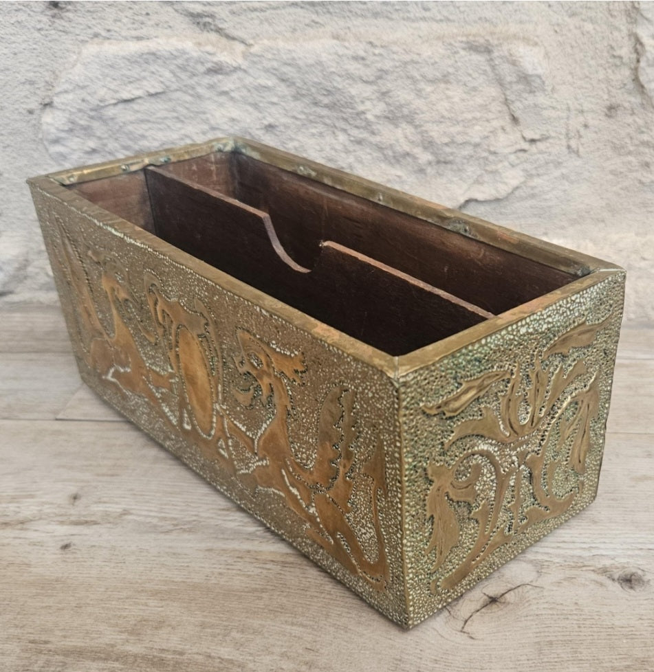 Arts and Crafts Letter Holder Brass and Wood Celtic Dragons England