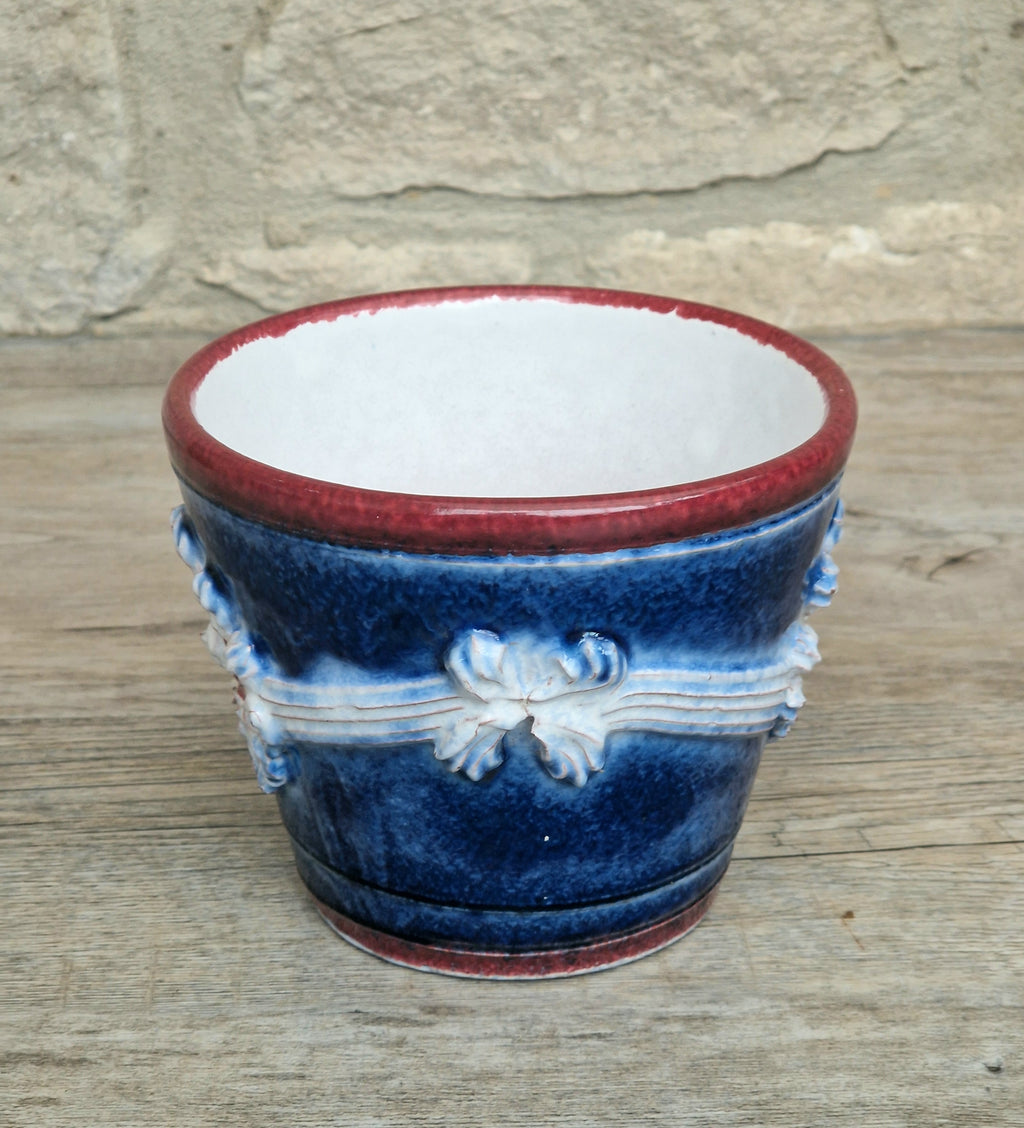 Italian Majolica Ceramic Blue & Red Floral Planter Vase Vintage