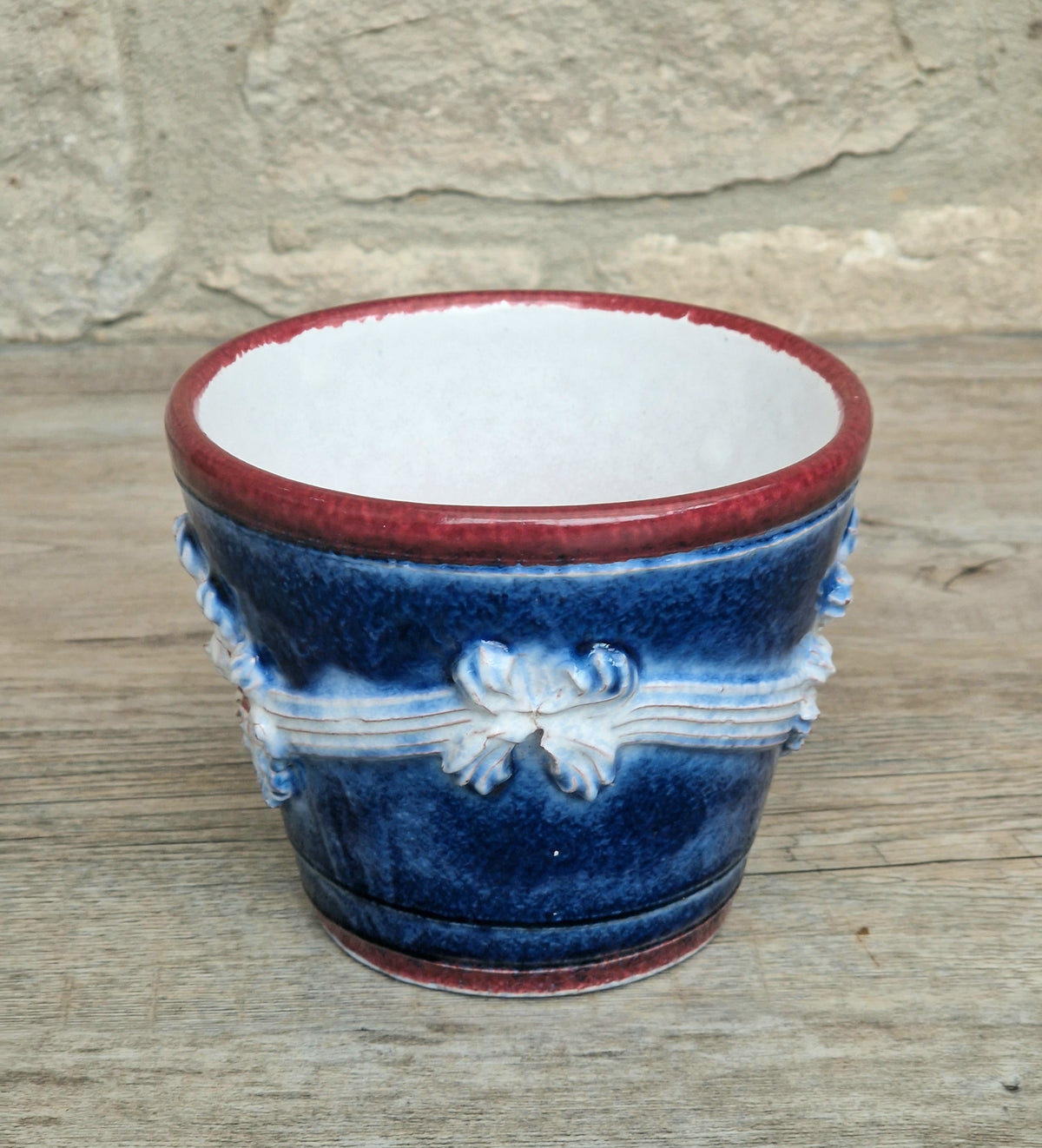 Italian Majolica Ceramic Blue & Red Floral Planter Vase Vintage