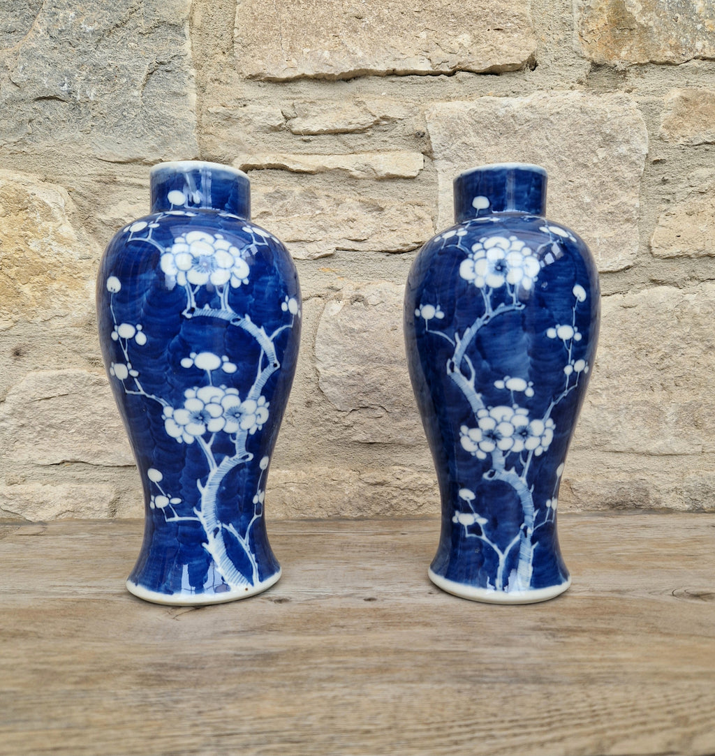 Pair Kangxi Style Blue & White Prunus Baluster Garniture Vases