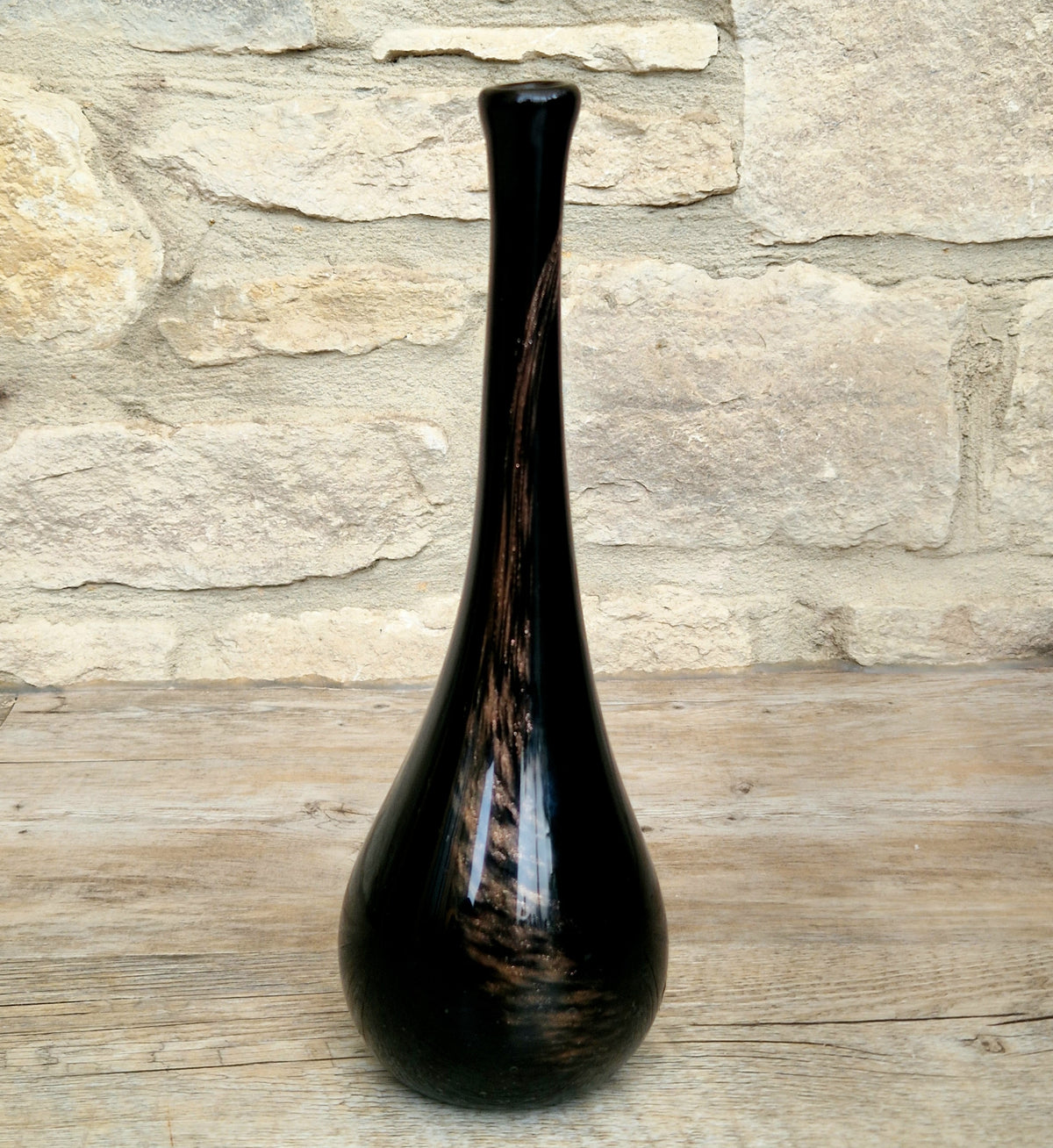 Gérard Torcheux Midcentury Amethyst Black Glass Teardrop Vase French Studio Glass Original Label. 1970s