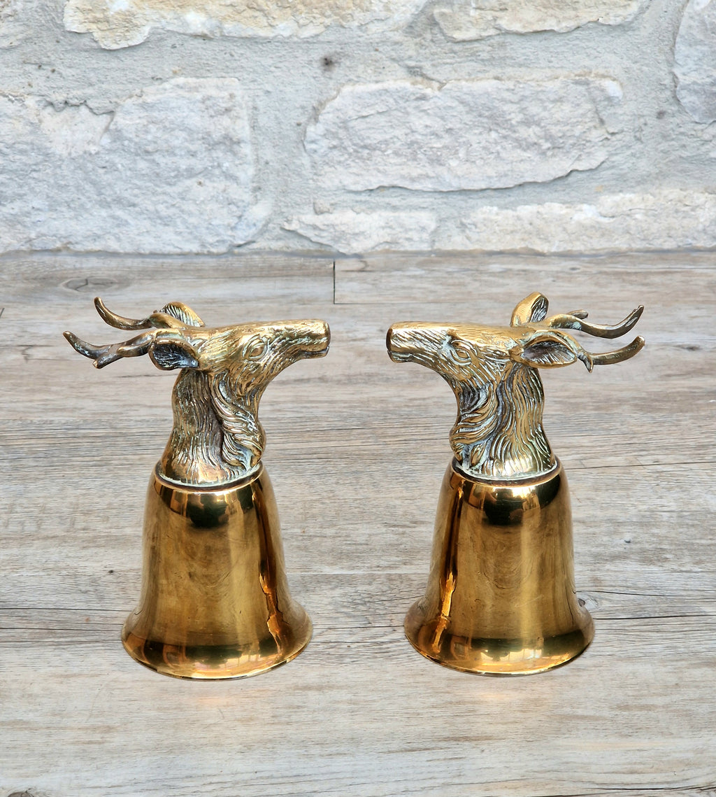 Pair Vintage Brass Stag Stirrup Cups Silver Plated Interiors Naturally Patinated Hunting Barware 1970s