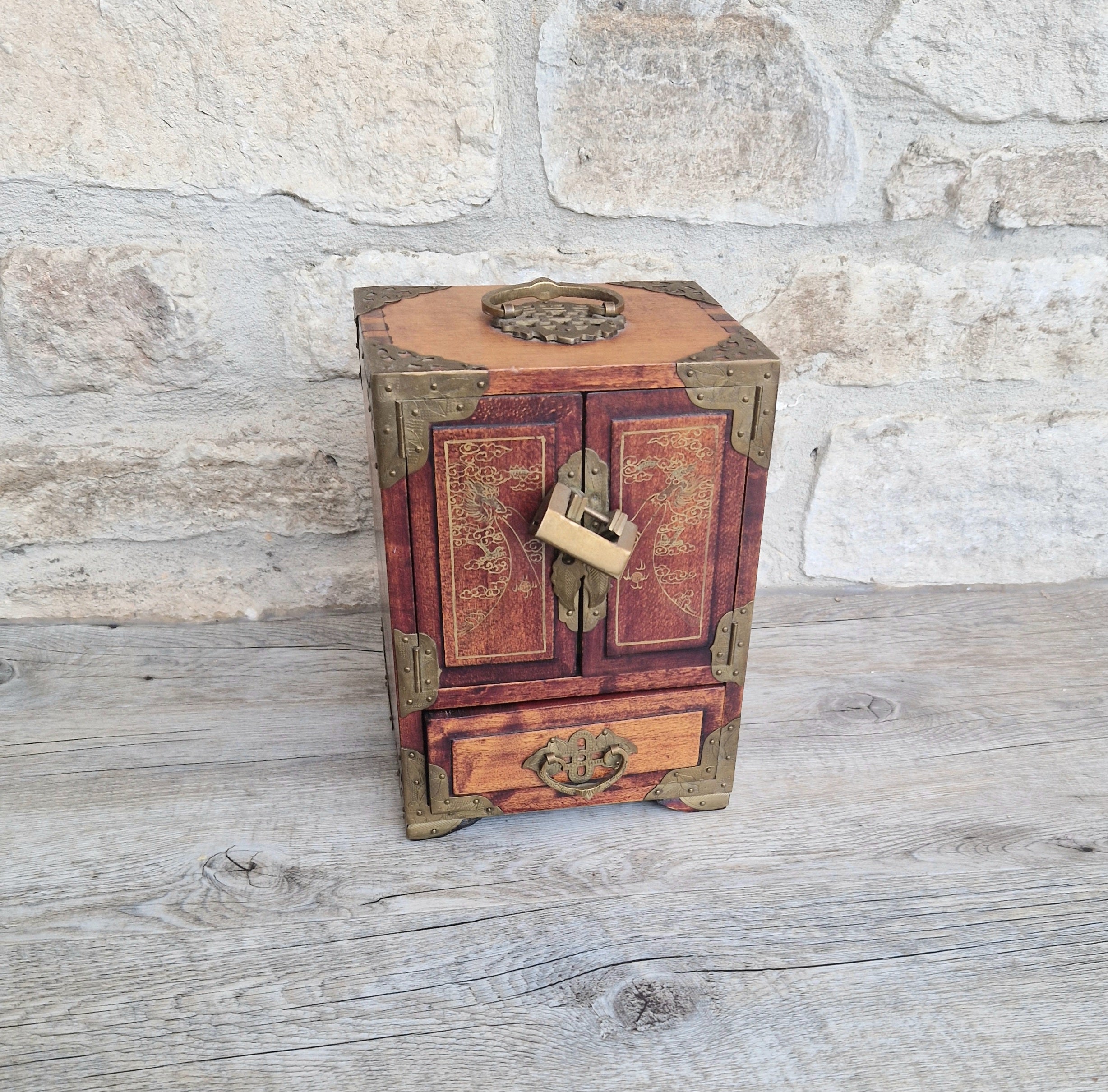 Vintage Hardwood Brass Bound Oriental Hand-Painted Chinoiserie Dragons Footed Jewellery Box Chest 1940s