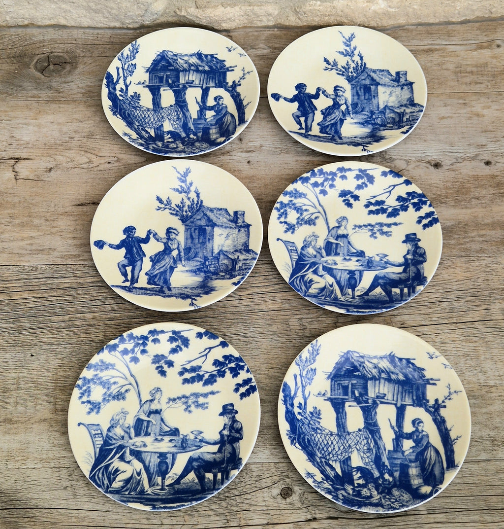 Set of Six Toile De Jouy Blue Salad or Dessert Plates Philippe Deshoulieres France. Boxed & Unused