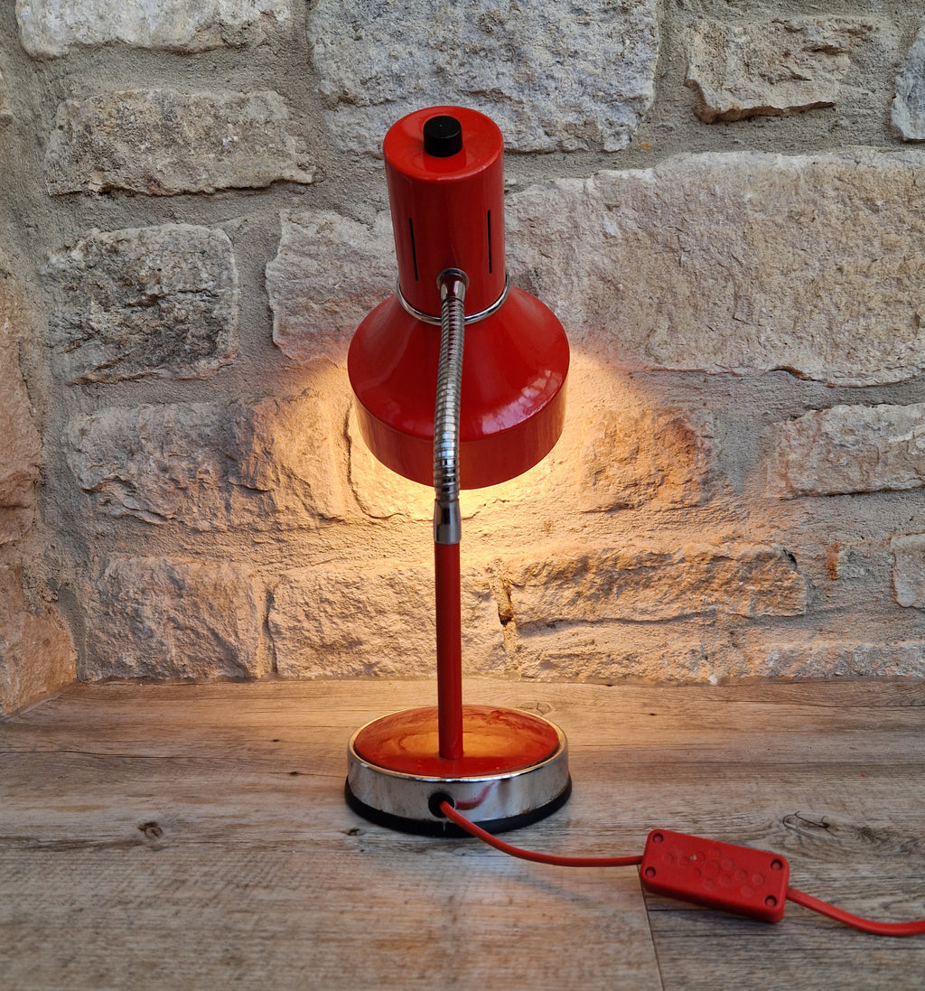 1980s Cherry Red Desk Lamp: Mid Century Space Age Flexible Lamp