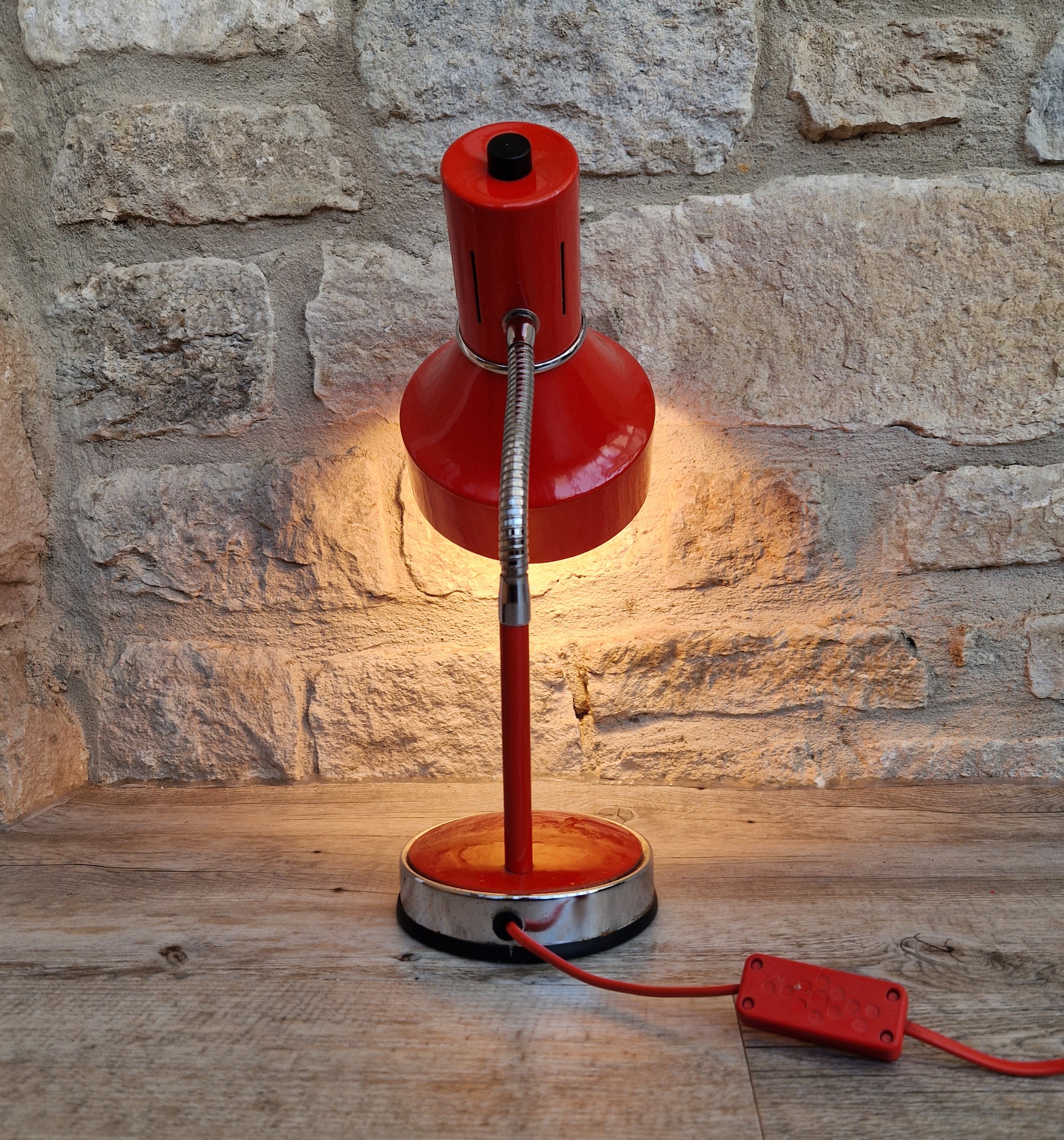 1980s Cherry Red Desk Lamp: Mid Century Space Age Flexible Lamp