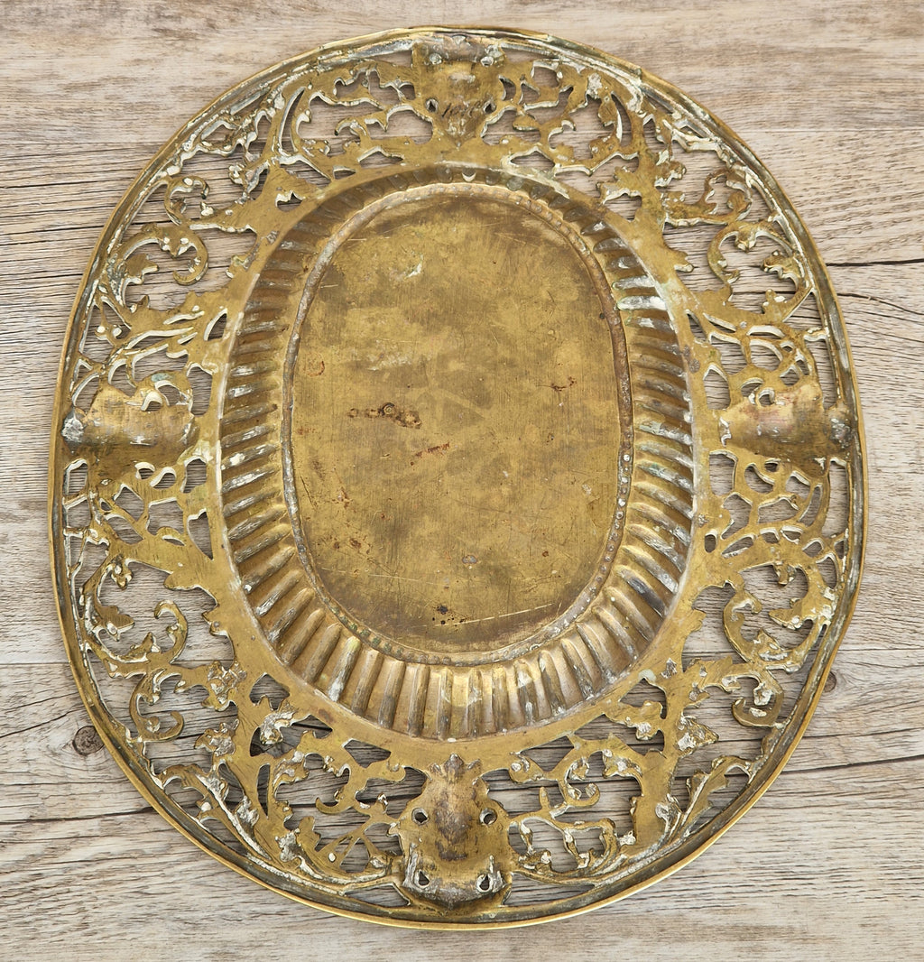 Antique 19thC Baroque Cast Brass Architectural Mount Appliqué Ornate Mascaron Filigree Vanity Card Tray Plate Hand-Tooled Pattern 1018