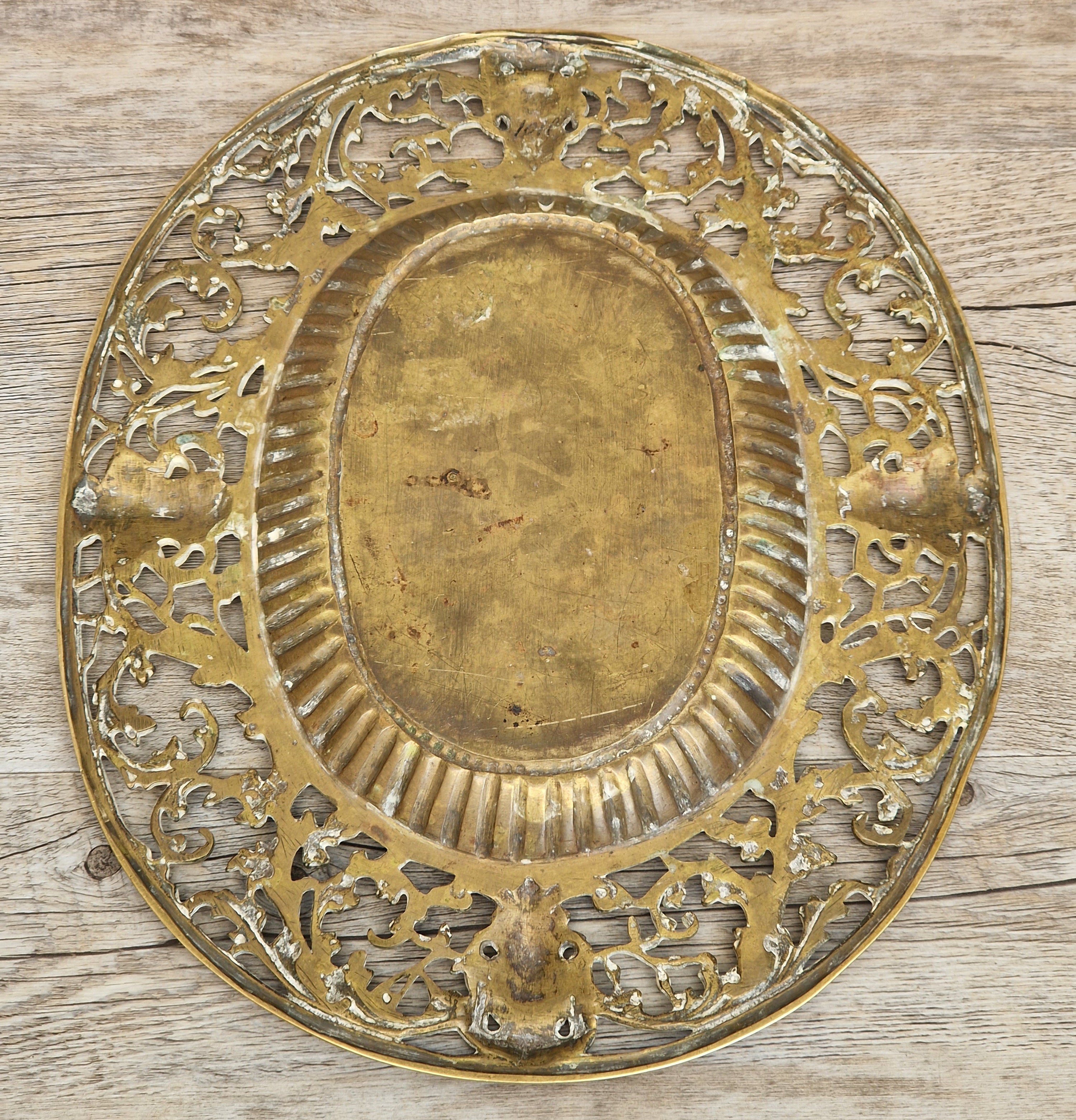 Antique 19thC Baroque Cast Brass Architectural Mount Appliqué Ornate Mascaron Filigree Vanity Card Tray Plate Hand-Tooled Pattern 1018