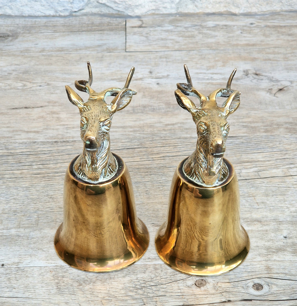 Pair Vintage Brass Stag Stirrup Cups Silver Plated Interiors Naturally Patinated Hunting Barware 1970s