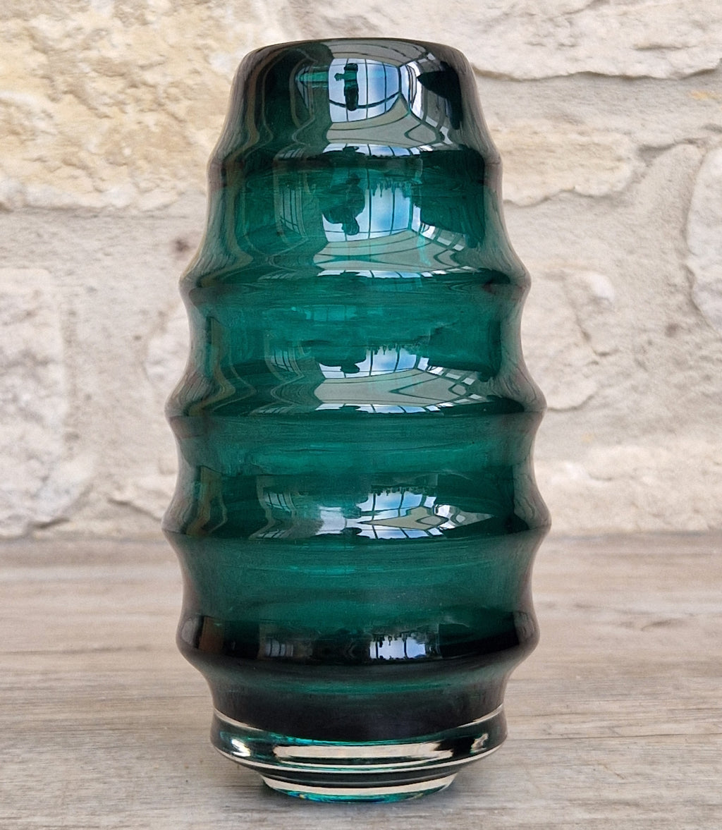Midcentury Scandinavian Modern Hooped Vase Green Glass Magnor Norway, 1960