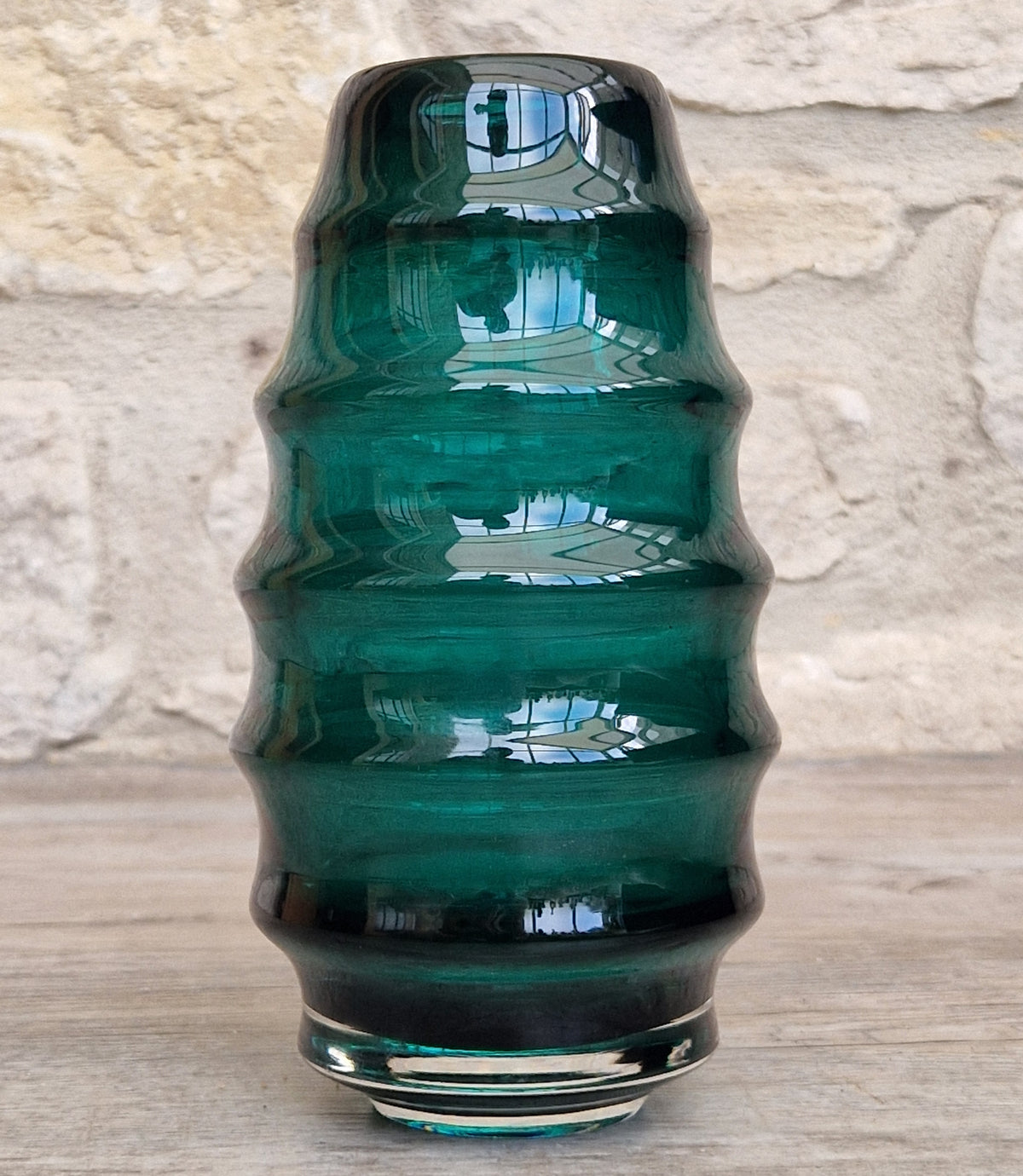 Midcentury Scandinavian Modern Hooped Vase Green Glass Magnor Norway, 1960