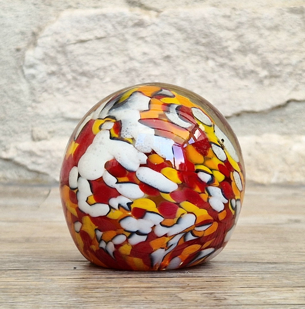 Vintage Orange, Red & White Speckled Mdina Art Glass Ball Paperweight Signed