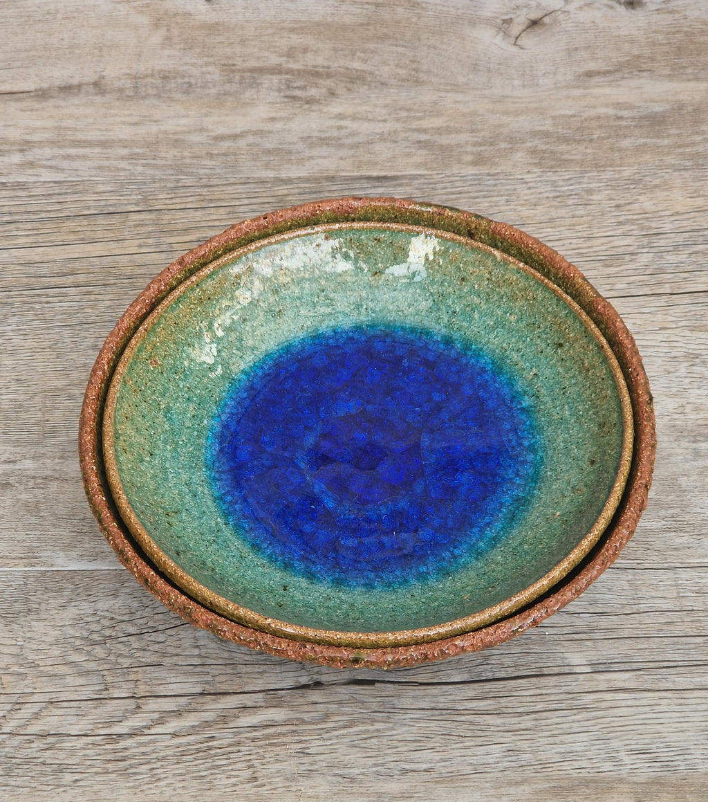 Vintage Studio Art Pottery Alan Hemmings Nested Blue Crackle Glaze Ceramic Bowls