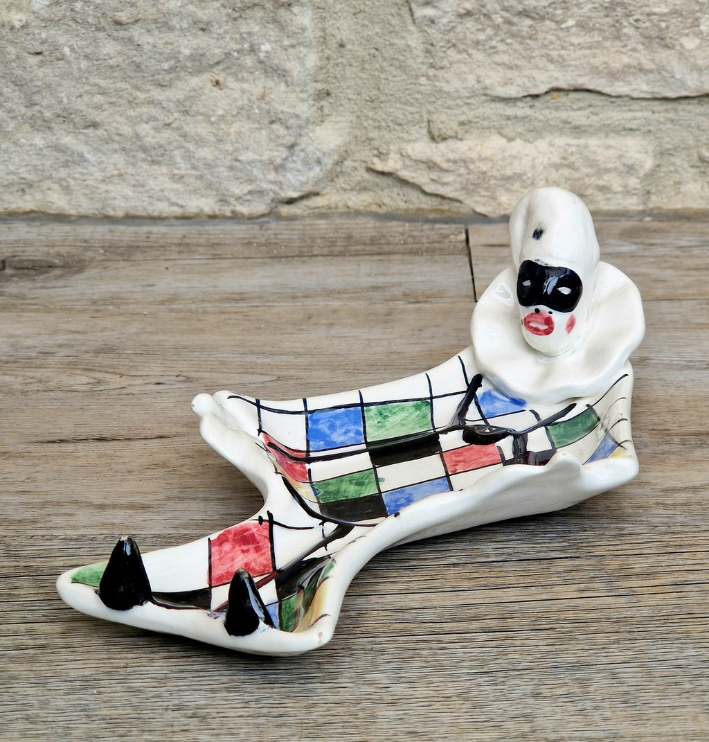 Vintage 1950s Italian Ceramic Harlequin Trinket Dish For.Reg.an Milvia Scarpa Style Catchall Plate Commedia dell Arte Pottery