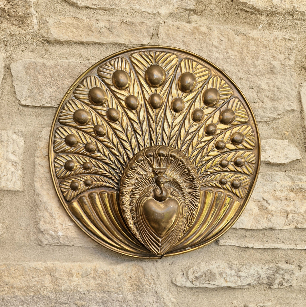Rare Signed George Johnson Brass Peacock Wall Pocket Plaque 29cm Victorian Arts and Crafts 1880s