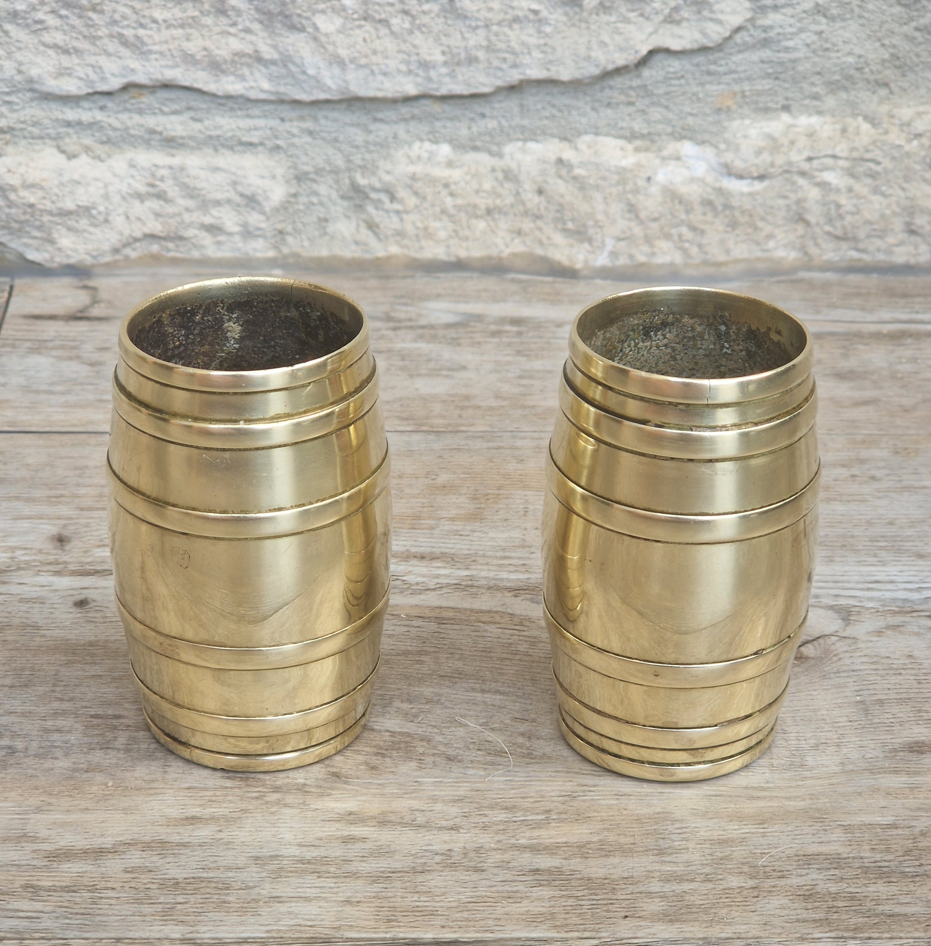 Pair of Vintage Brass Bound Barrel Table Match Holders Desk Pen Holders