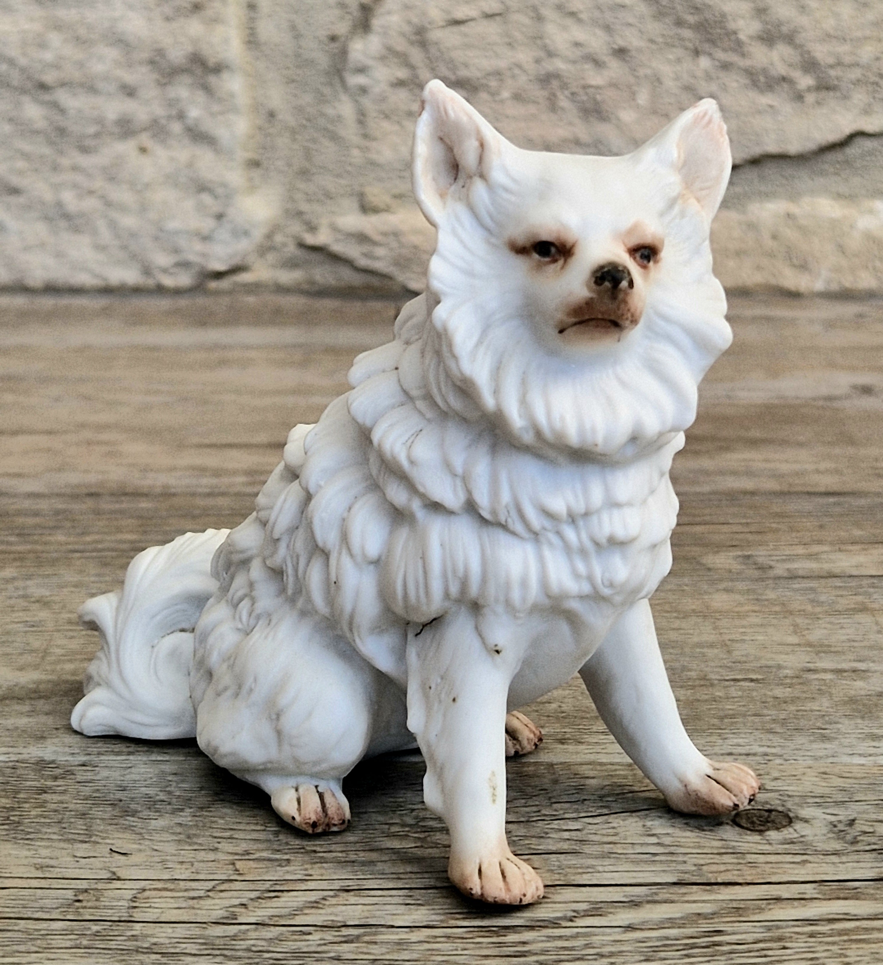 Antique Heubach Bisque Sitting Spitz Dog: German Figure, Circa 1864-1880